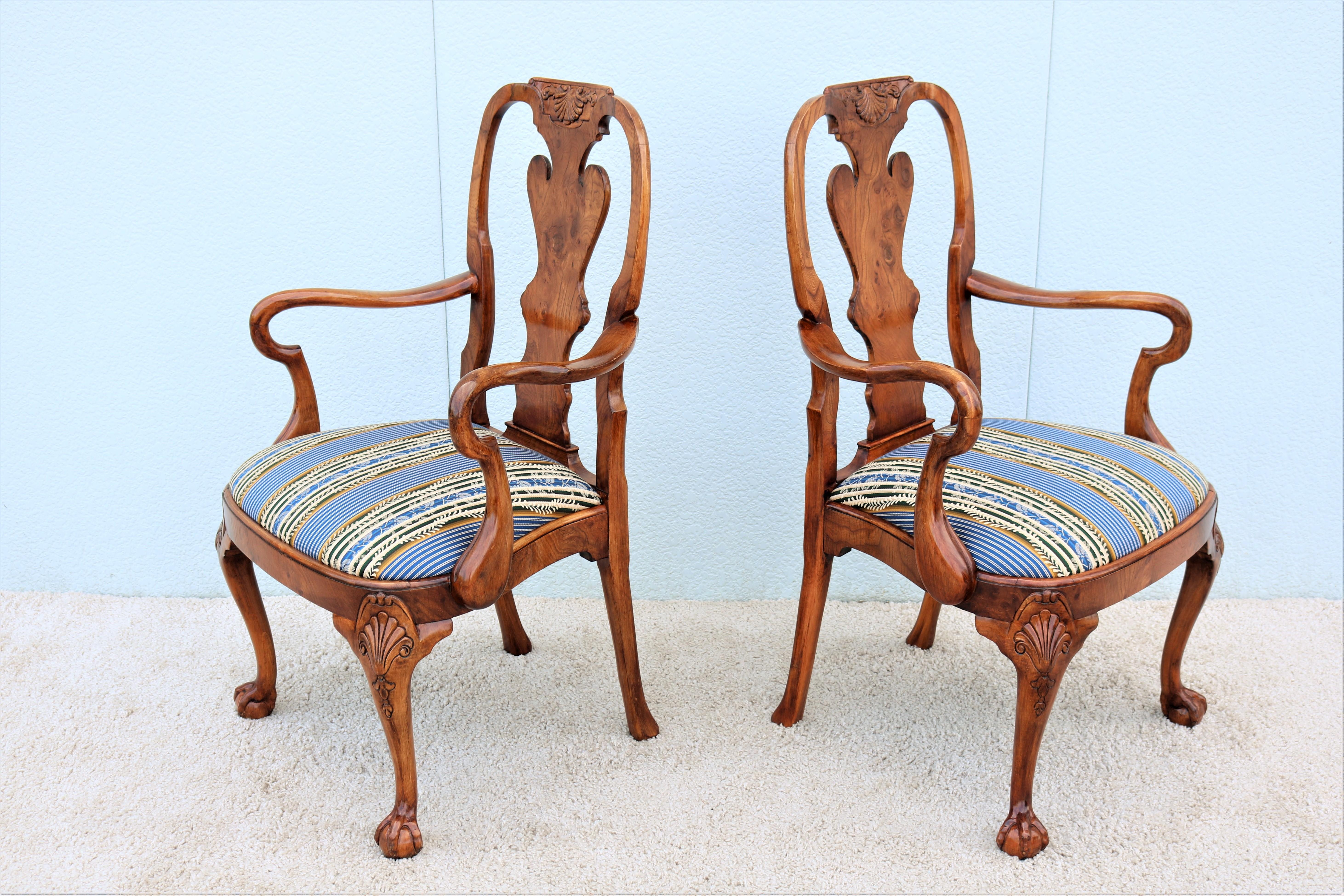 20th Century Vintage Traditional Giles Grendey Queen Anne Style Burl Walnut Armchairs, a Pair For Sale