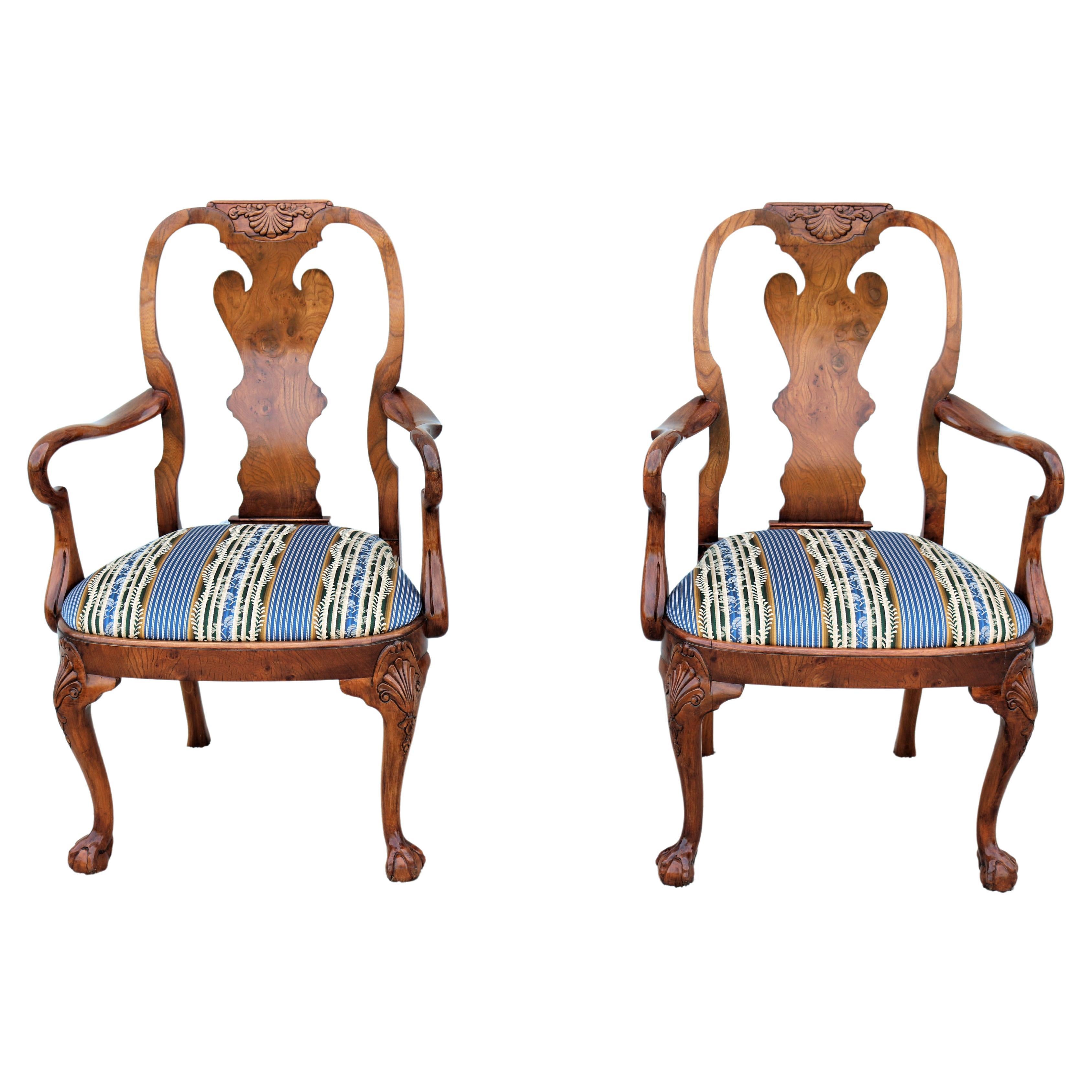 Vintage Traditional Giles Grendey Queen Anne Style Burl Walnut Armchairs, a Pair For Sale