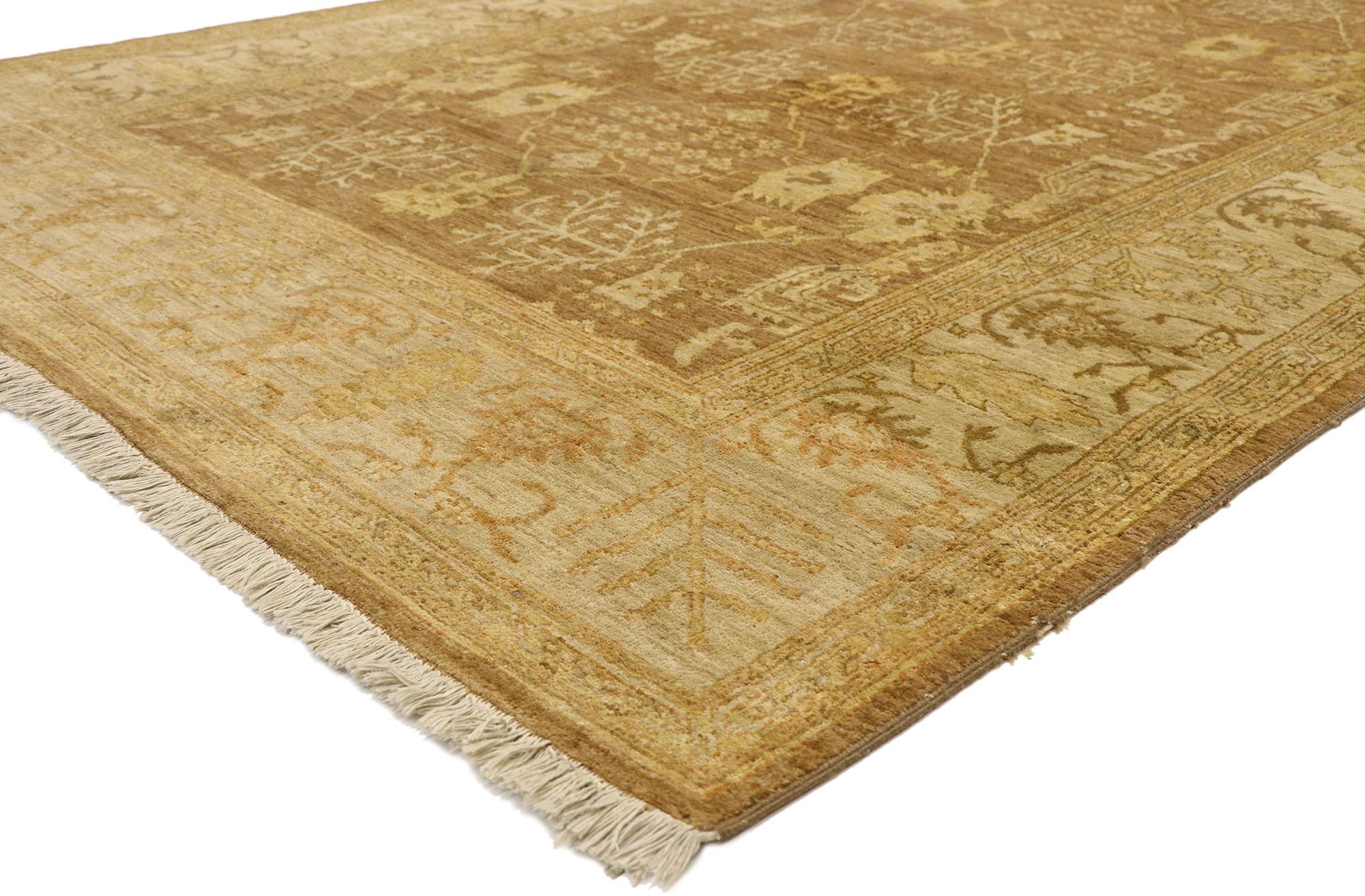 77422 vintage traditional Indian rug with Warm, Russian Dachas Home style. Warm and inviting combined with the rectilinear design elements, this hand knotted wool traditional Indian rug charms with ease and stays true to fine craftsmanship and the