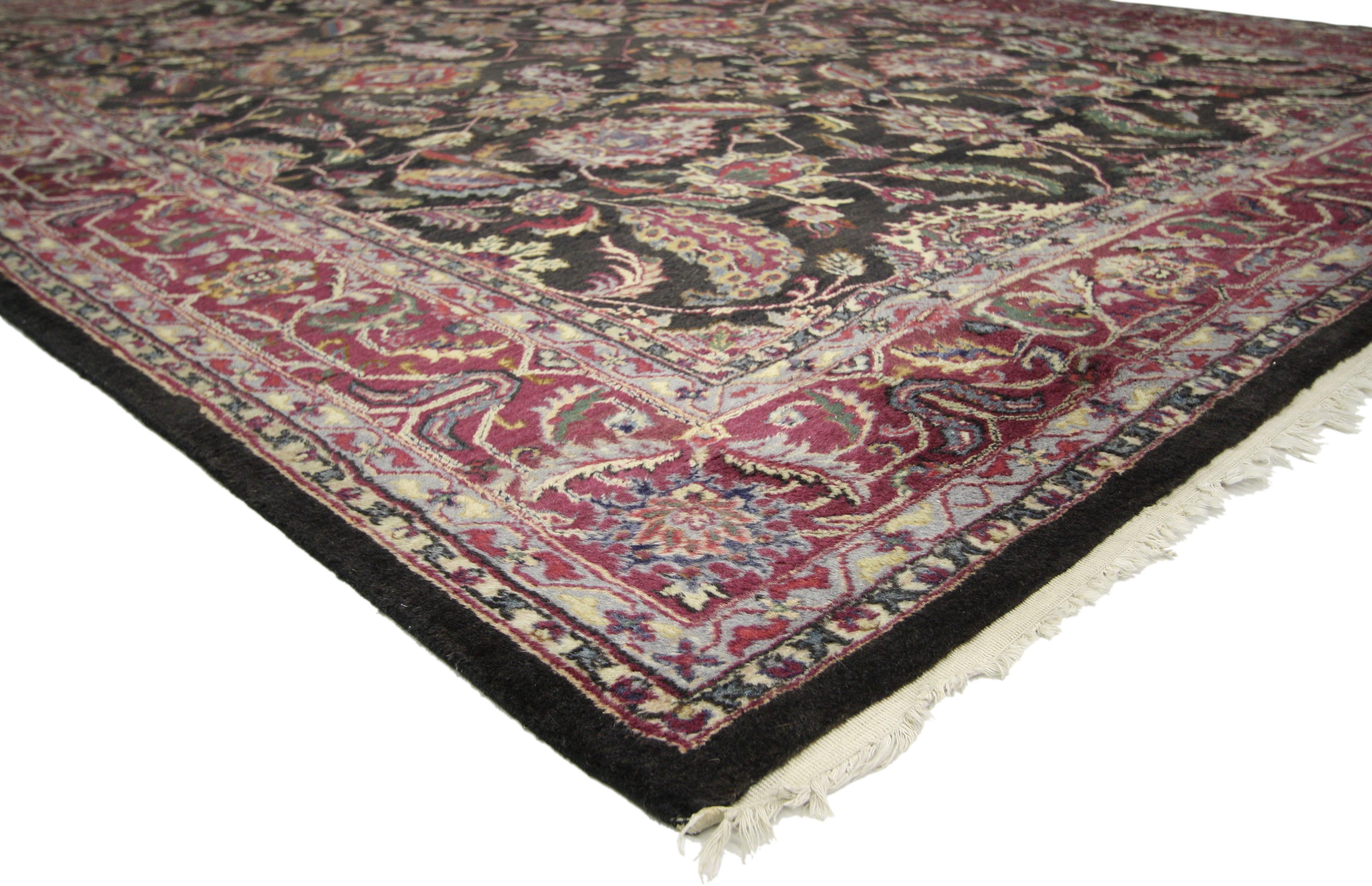 76700, Vintage Indian Rug with Traditional Persian Style. With large scale ornate details adding timeless elegance and a sense of history, this hand-knotted wool vintage traditional Indian area rug features a lively all-over floral pattern composed