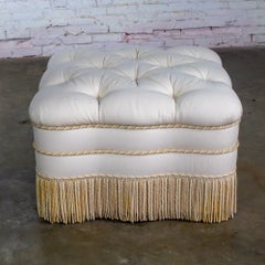 Vintage Traditional Large Ottoman Ecru Upholstered Pillow Top Bullion Fringe