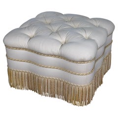 Vintage Traditional Large Ottoman Ecru Upholstered Pillow Top Bullion Fringe
