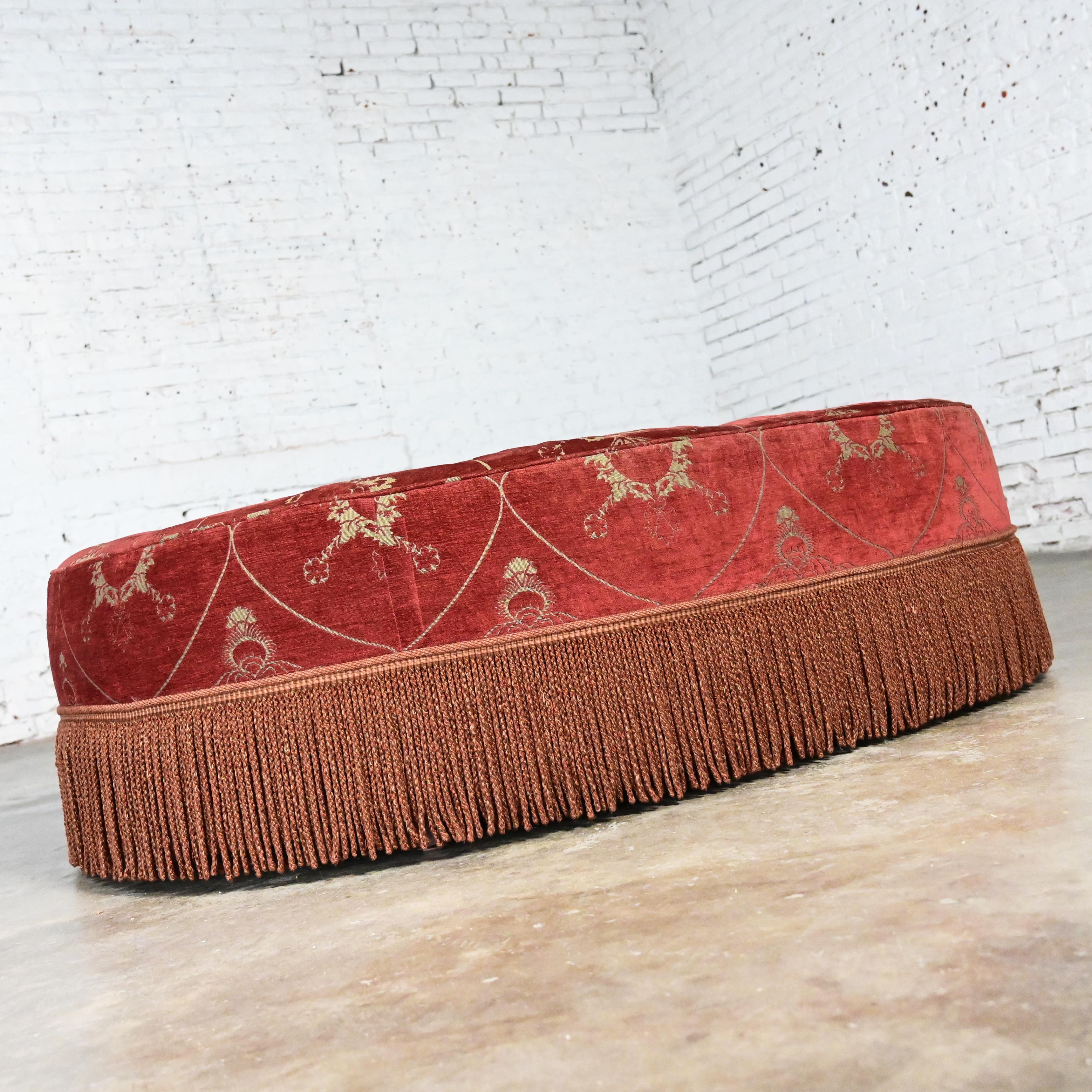 Vintage Traditional Large Oval Cocktail Ottoman Rust Fabric Bullion Fringe Trim For Sale 3