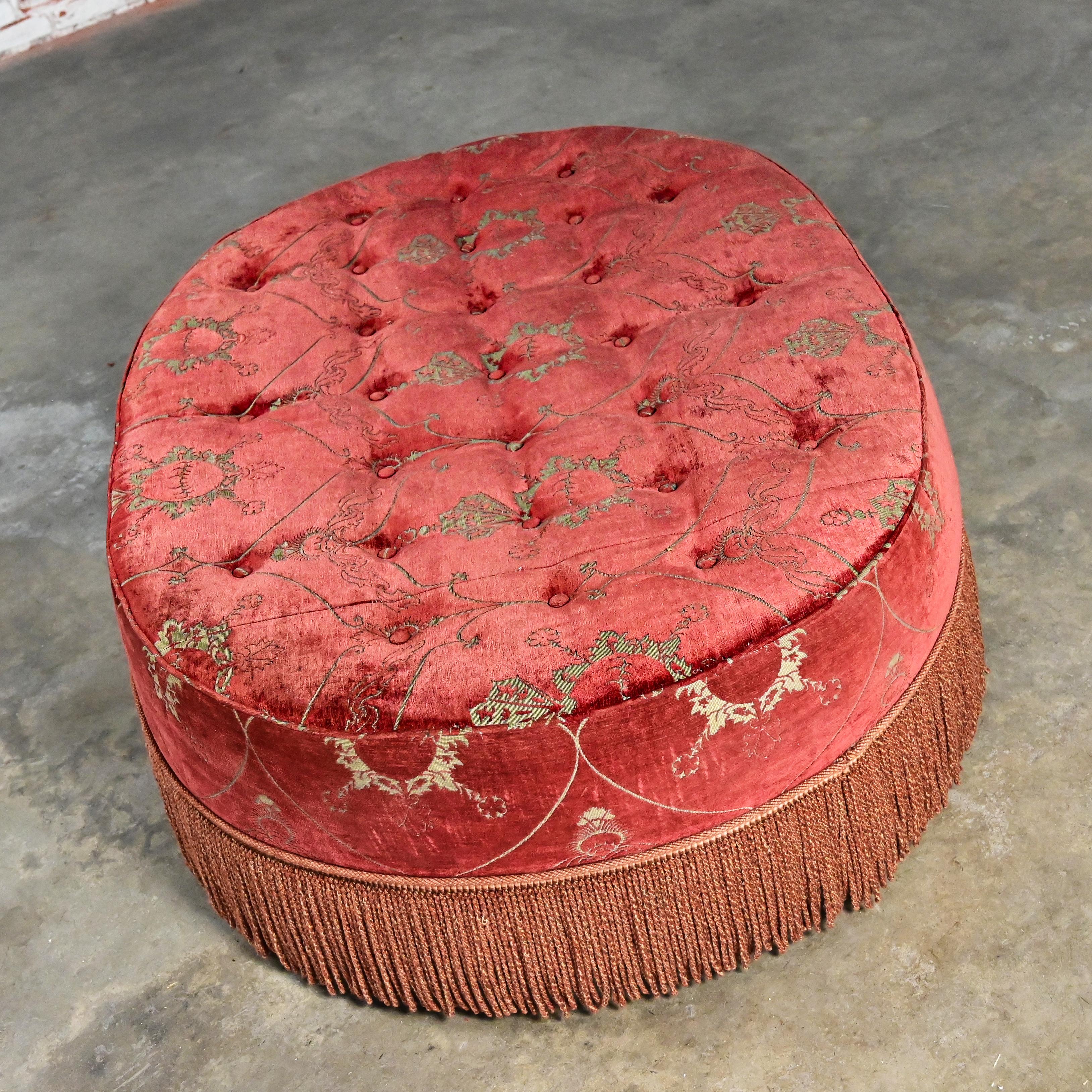 Vintage Traditional Large Oval Cocktail Ottoman Rust Fabric Bullion Fringe Trim For Sale 5