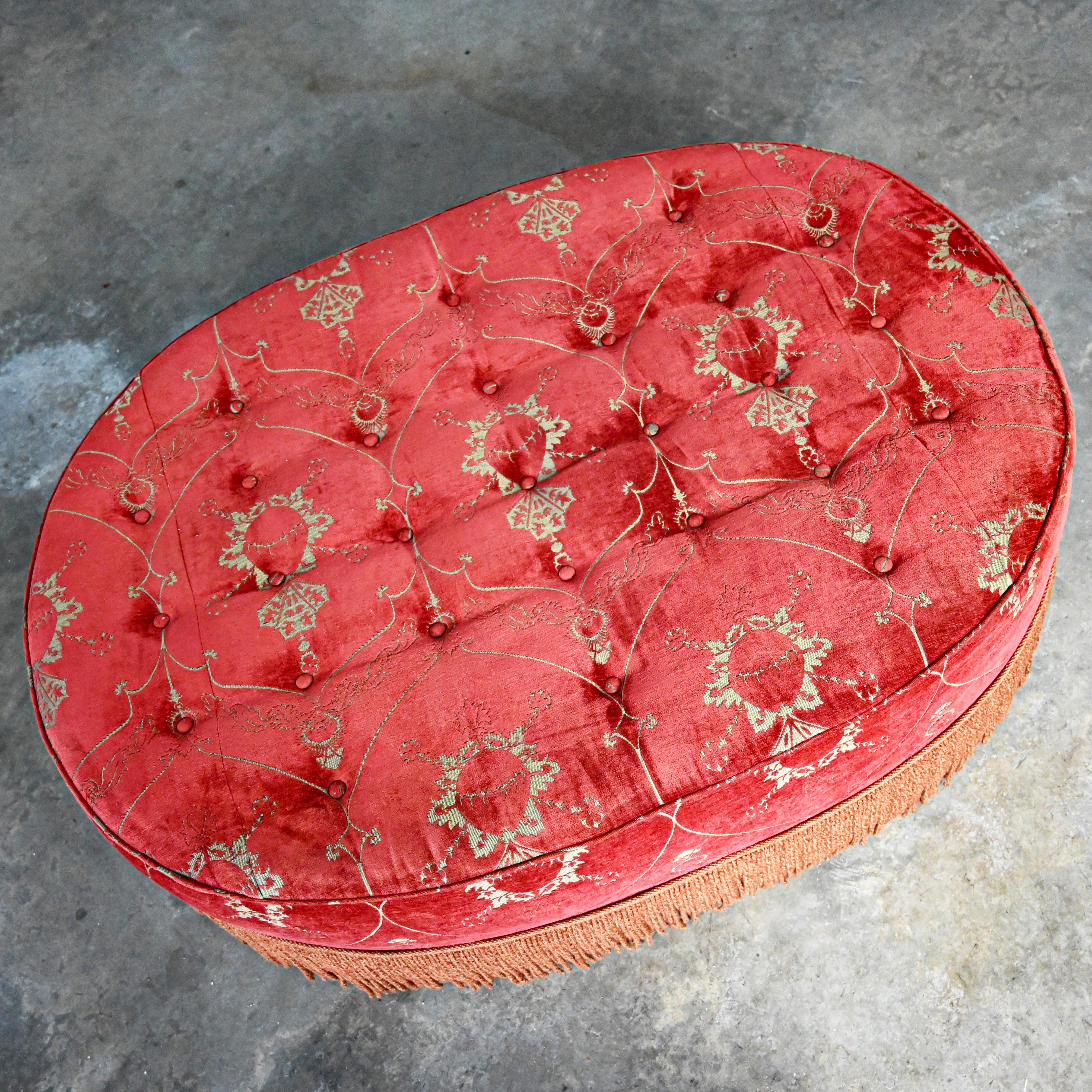 Vintage Traditional Large Oval Cocktail Ottoman Rust Fabric Bullion Fringe Trim For Sale 6