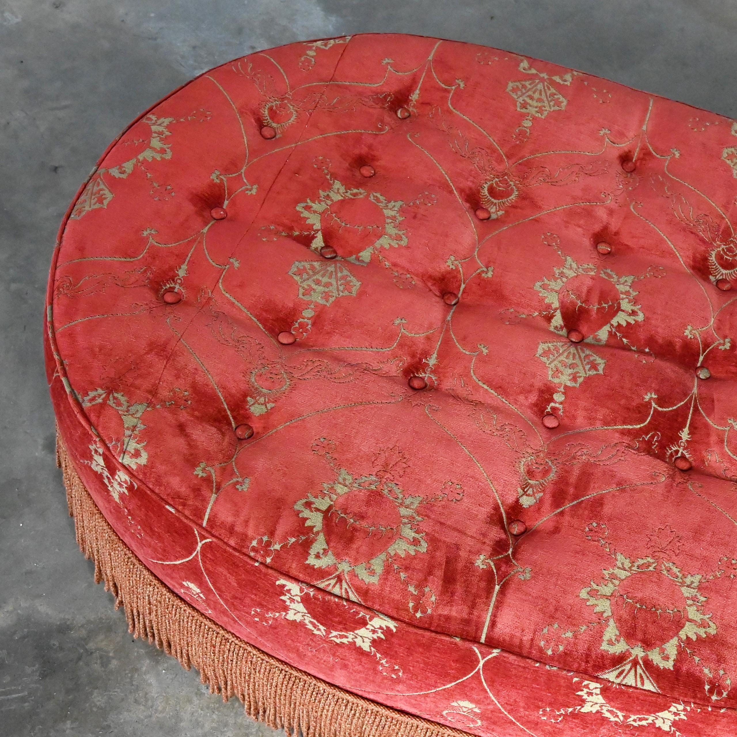 Vintage Traditional Large Oval Cocktail Ottoman Rust Fabric Bullion Fringe Trim For Sale 7