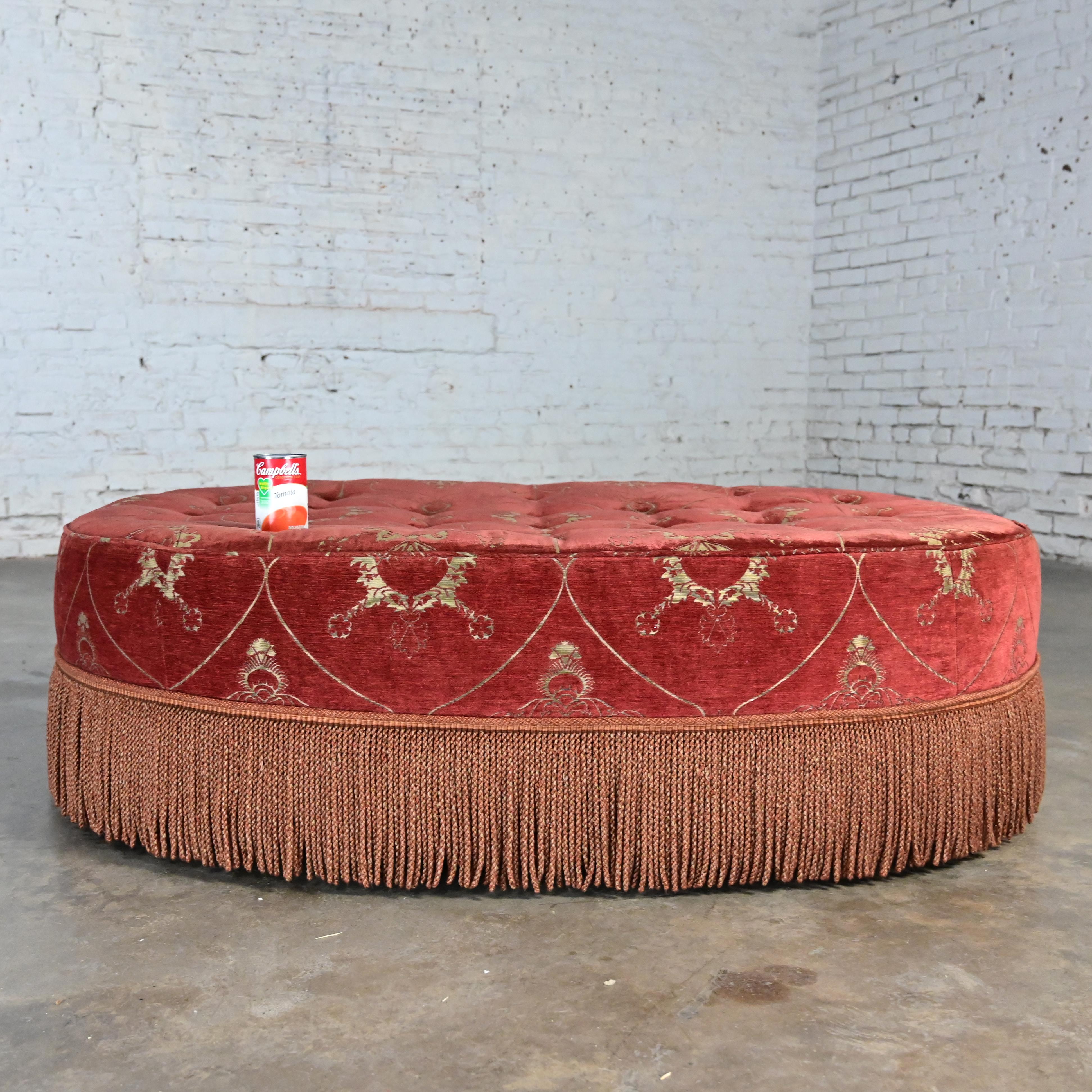 Vintage Traditional Large Oval Cocktail Ottoman Rust Fabric Bullion Fringe Trim For Sale 11