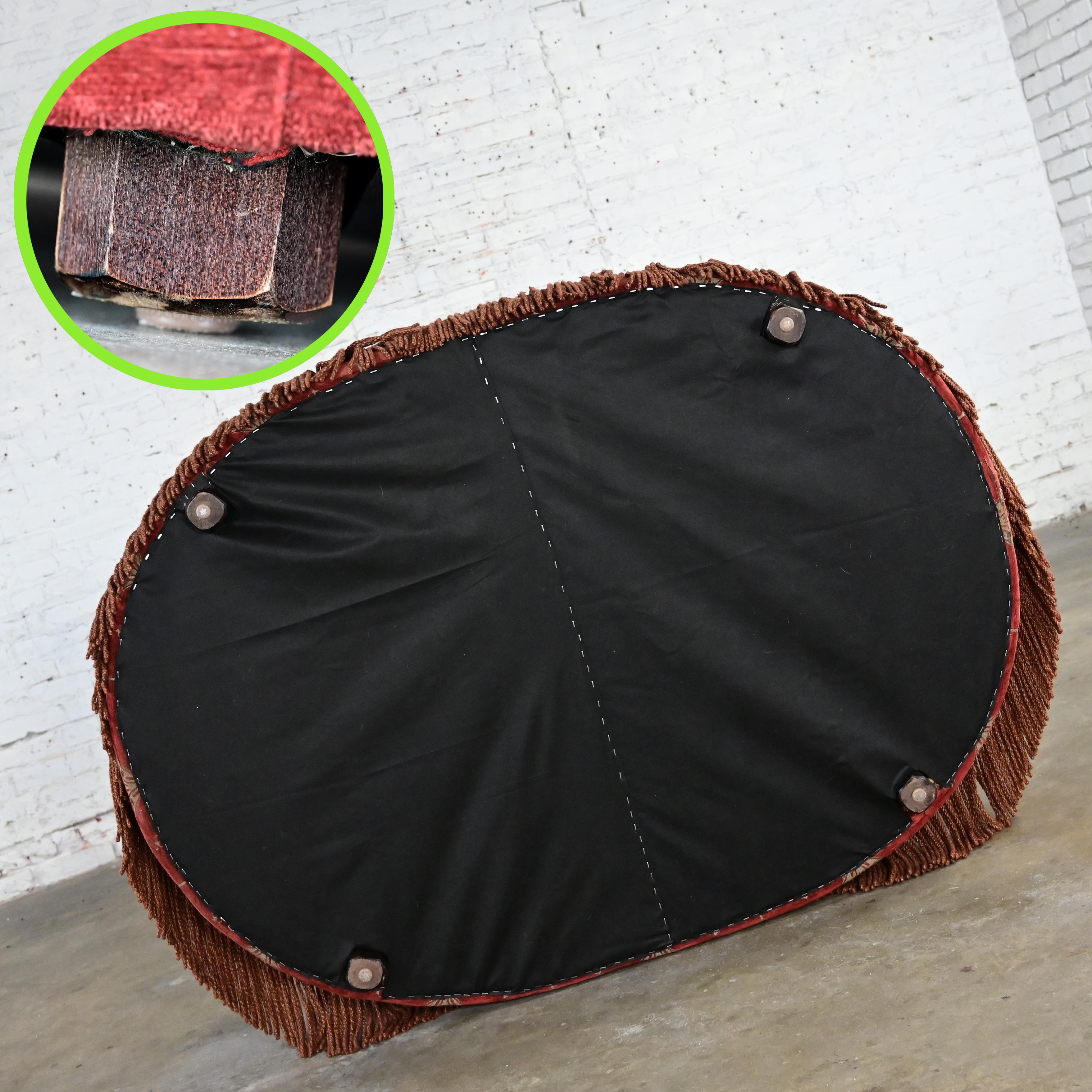 Vintage Traditional Large Oval Cocktail Ottoman Rust Fabric Bullion Fringe Trim For Sale 13