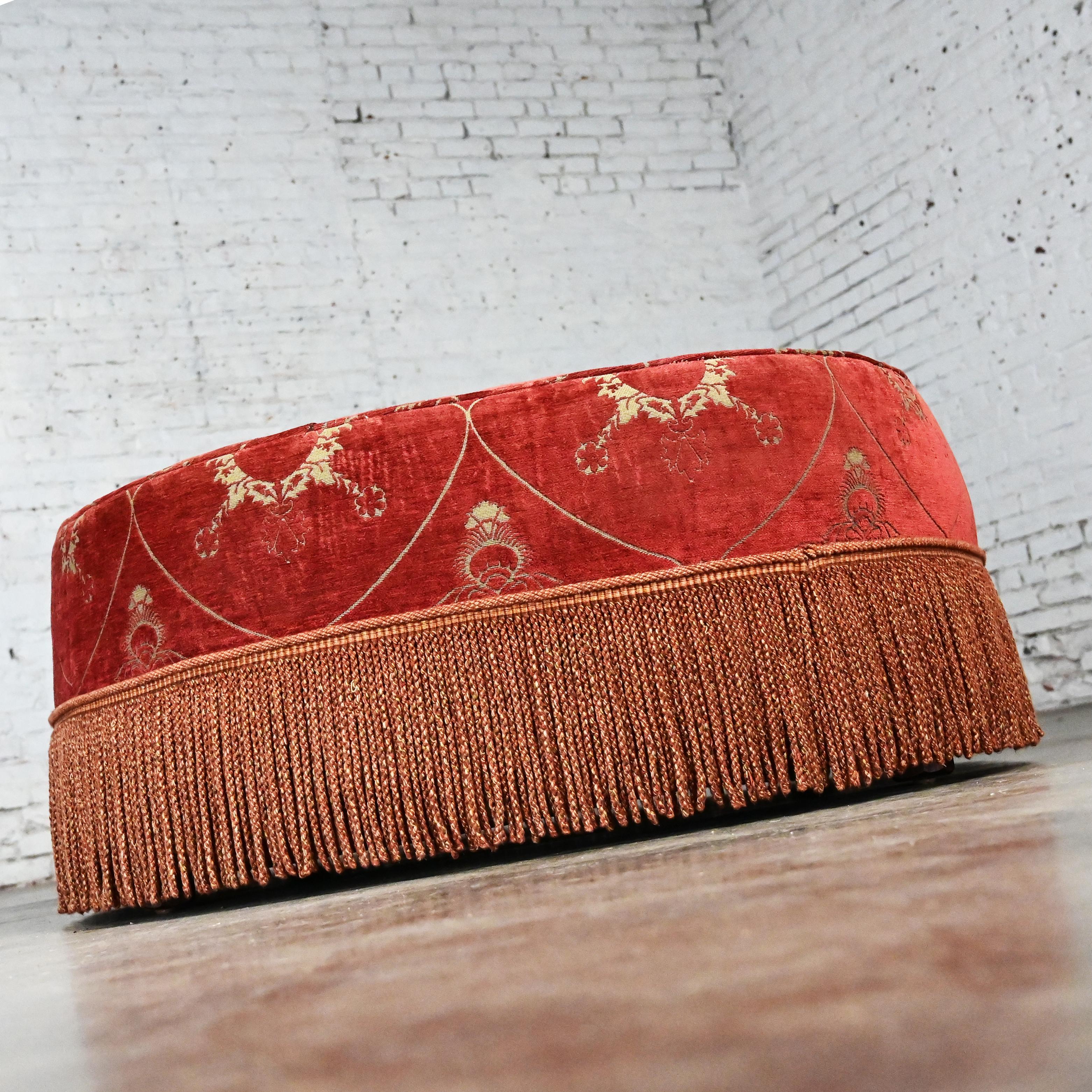 Unknown Vintage Traditional Large Oval Cocktail Ottoman Rust Fabric Bullion Fringe Trim For Sale