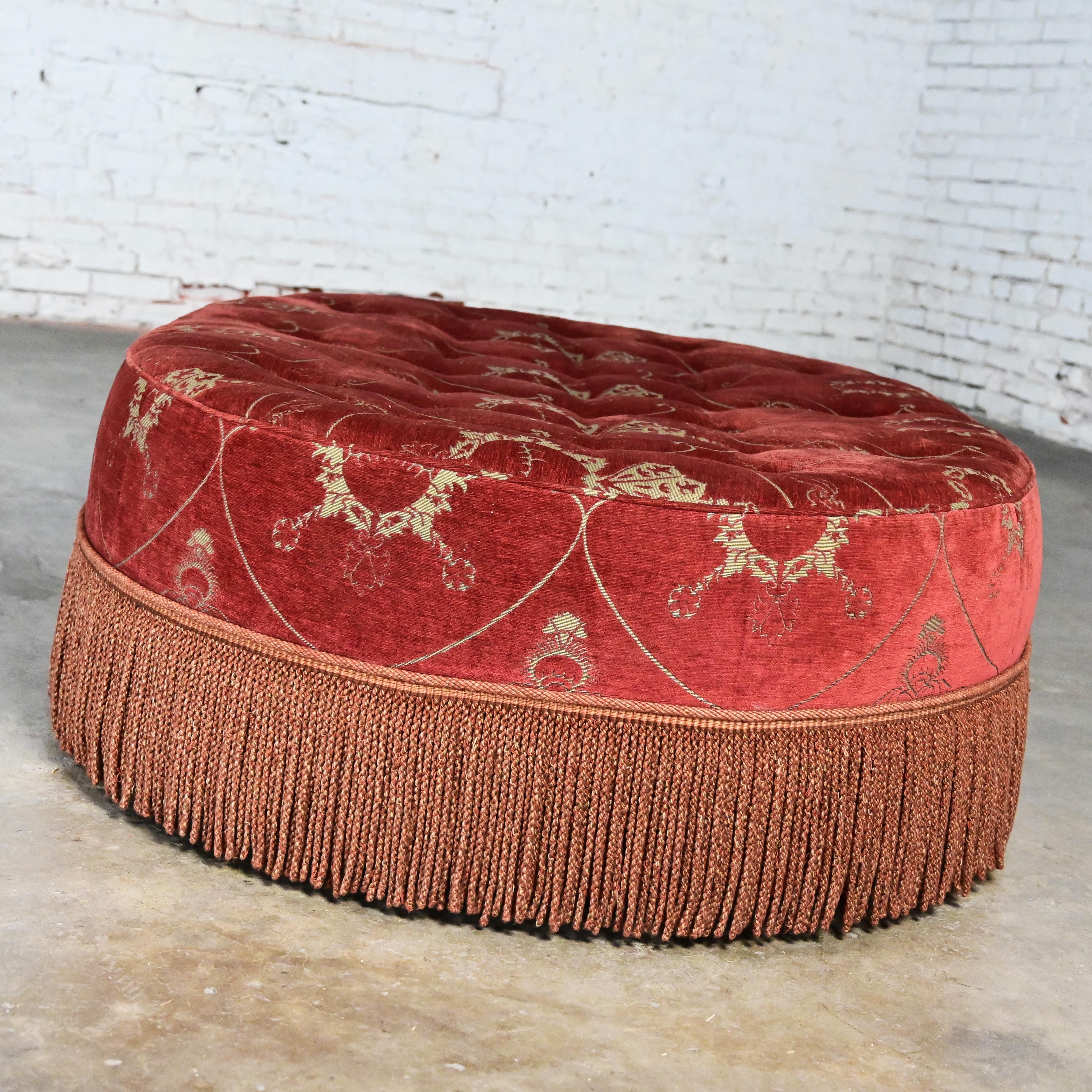 20th Century Vintage Traditional Large Oval Cocktail Ottoman Rust Fabric Bullion Fringe Trim For Sale