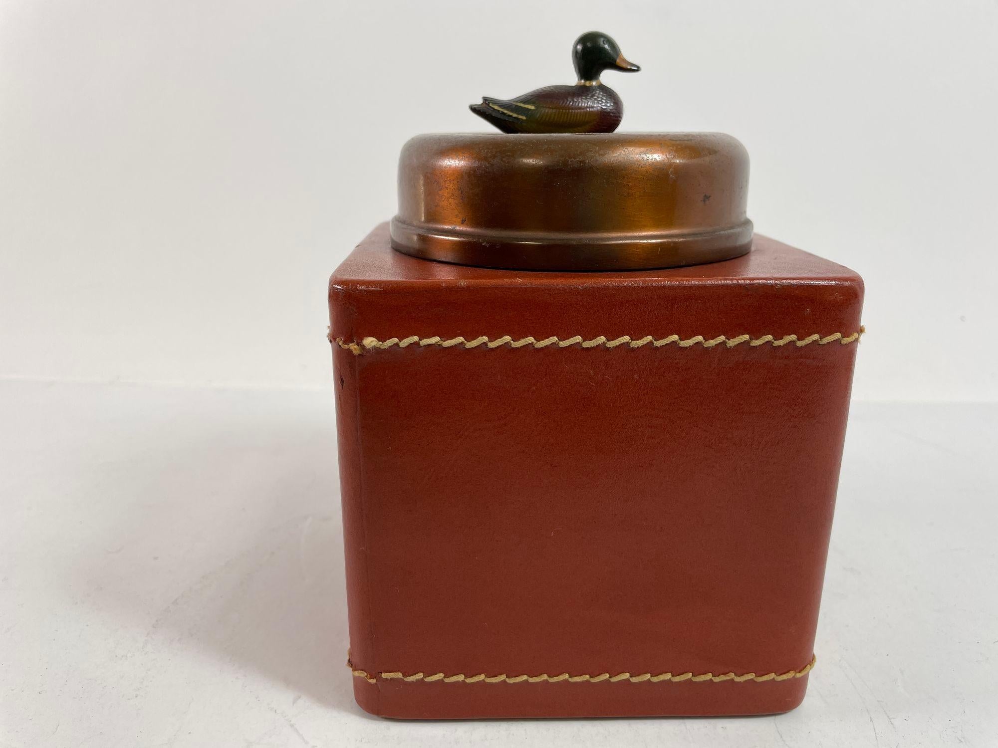 Vintage Traditional  Leather Wrapped Tobacco Humidor Jar with Mallard Duck top For Sale 6