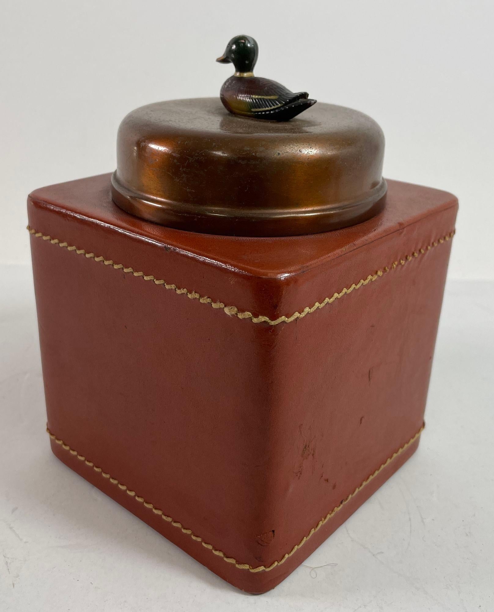 Vintage Traditional  Leather Wrapped Tobacco Humidor Jar with Mallard Duck top For Sale 7