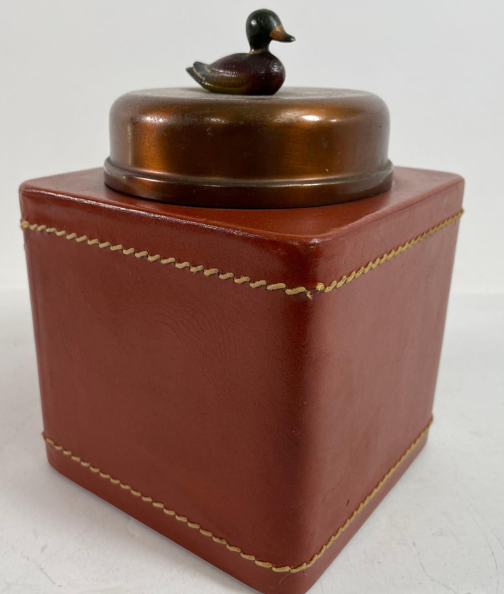 Vintage Traditional  Leather Wrapped Tobacco Humidor Jar with Mallard Duck top For Sale 8