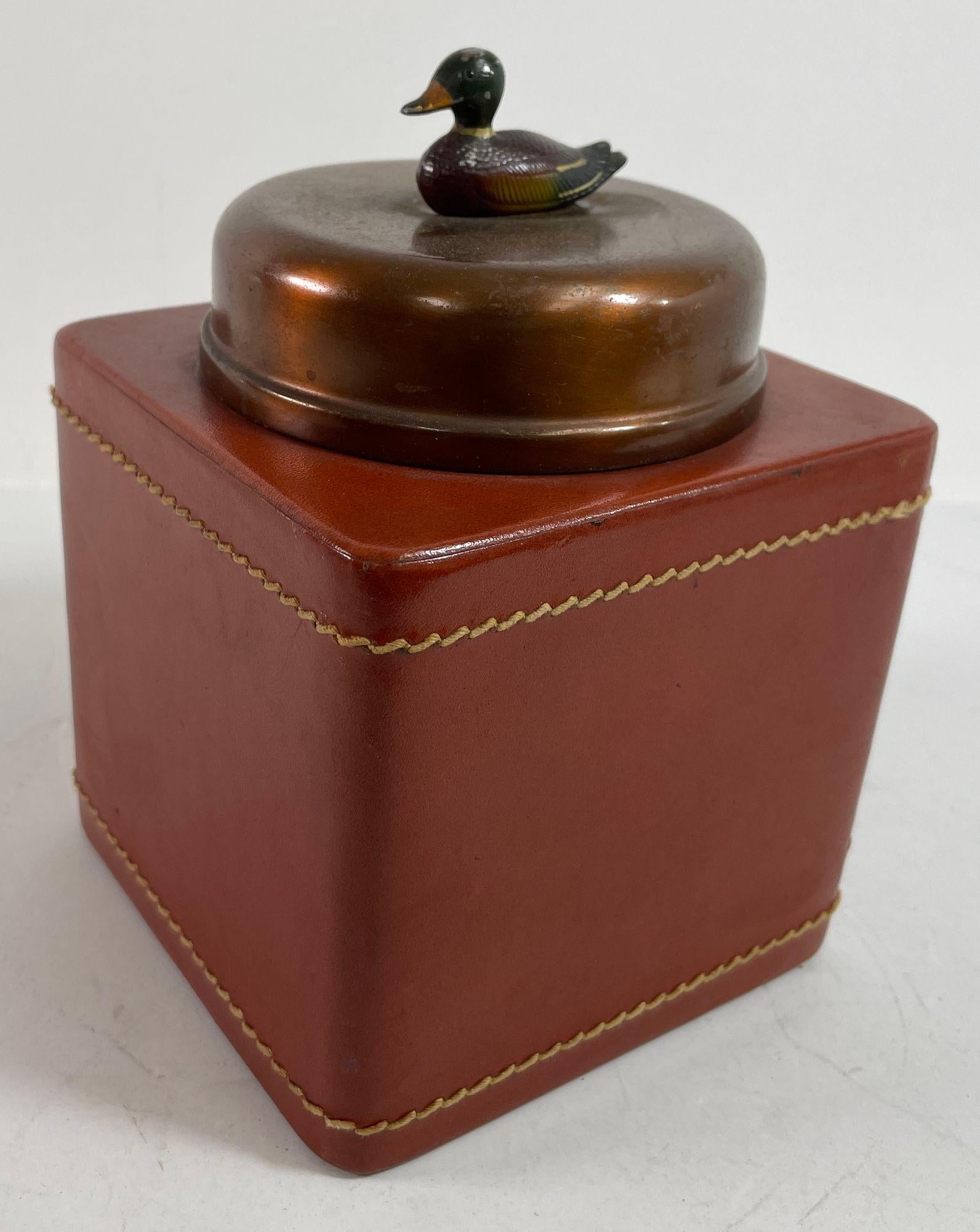 Vintage Traditional  Leather Wrapped Tobacco Humidor Jar with Mallard Duck top In Good Condition For Sale In North Hollywood, CA