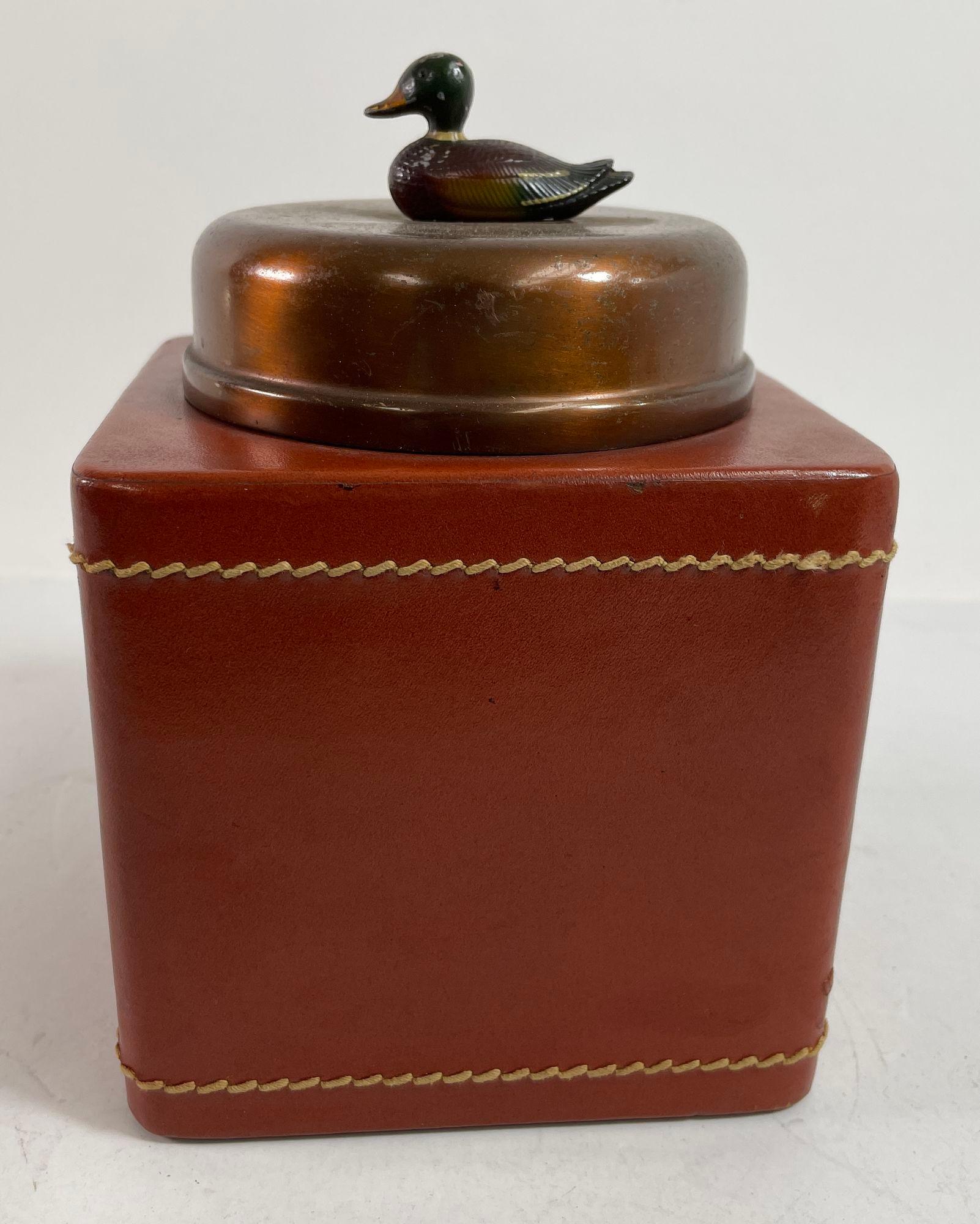 Copper Vintage Traditional  Leather Wrapped Tobacco Humidor Jar with Mallard Duck top For Sale