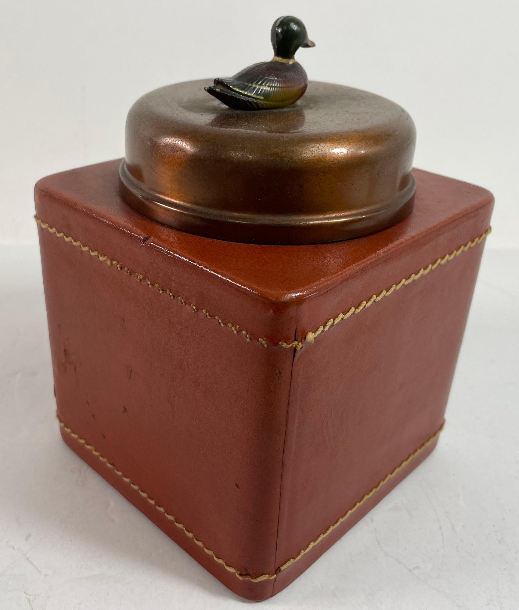 Vintage Traditional  Leather Wrapped Tobacco Humidor Jar with Mallard Duck top For Sale 2