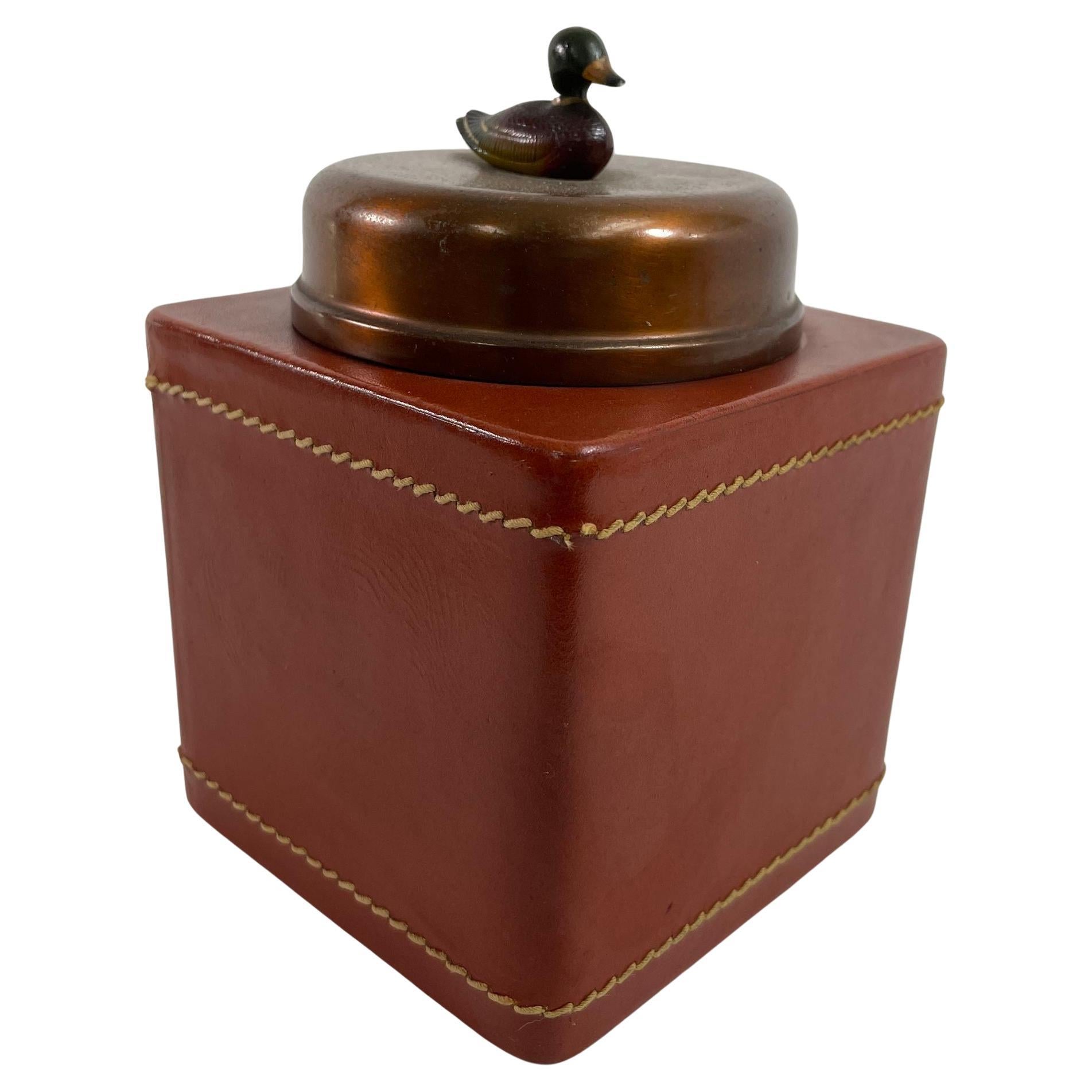Vintage Traditional  Leather Wrapped Tobacco Humidor Jar with Mallard Duck top For Sale