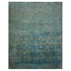 Tapis vintage traditionnel malais en laine surteint, 11 x 14, couleur bleu sarcelle, fabriqué à la main