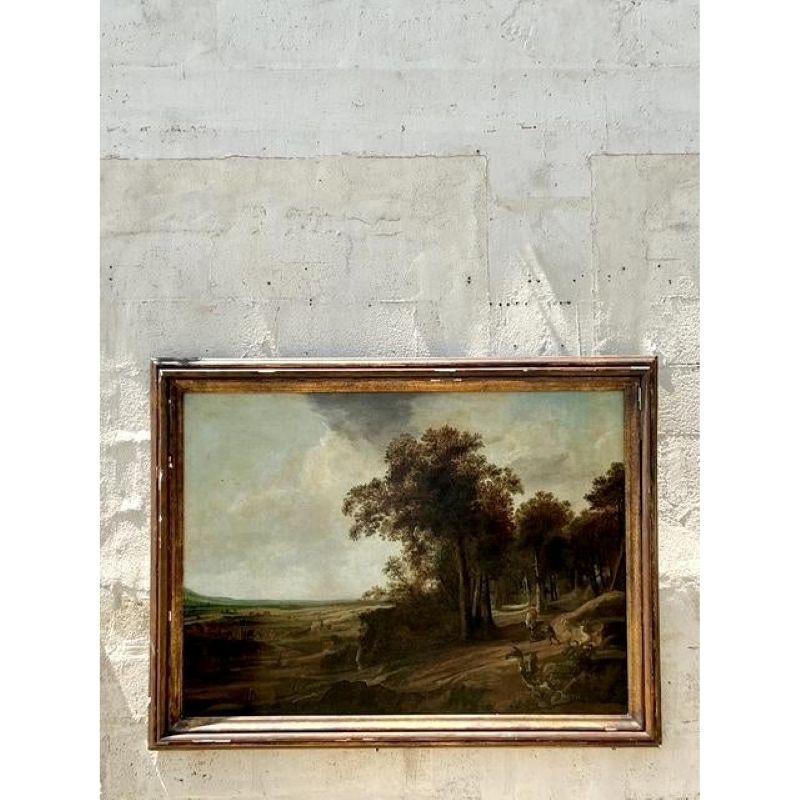 Erhöhen Sie Ihr Interieur mit diesem Vintage Traditional Monumental Landscape Oil on Canvas, einem atemberaubenden Meisterwerk der historischen Kunst. Die mit reichhaltigen Ölfarben gestaltete Landschaft mit ihren hoch aufragenden Bäumen und dem