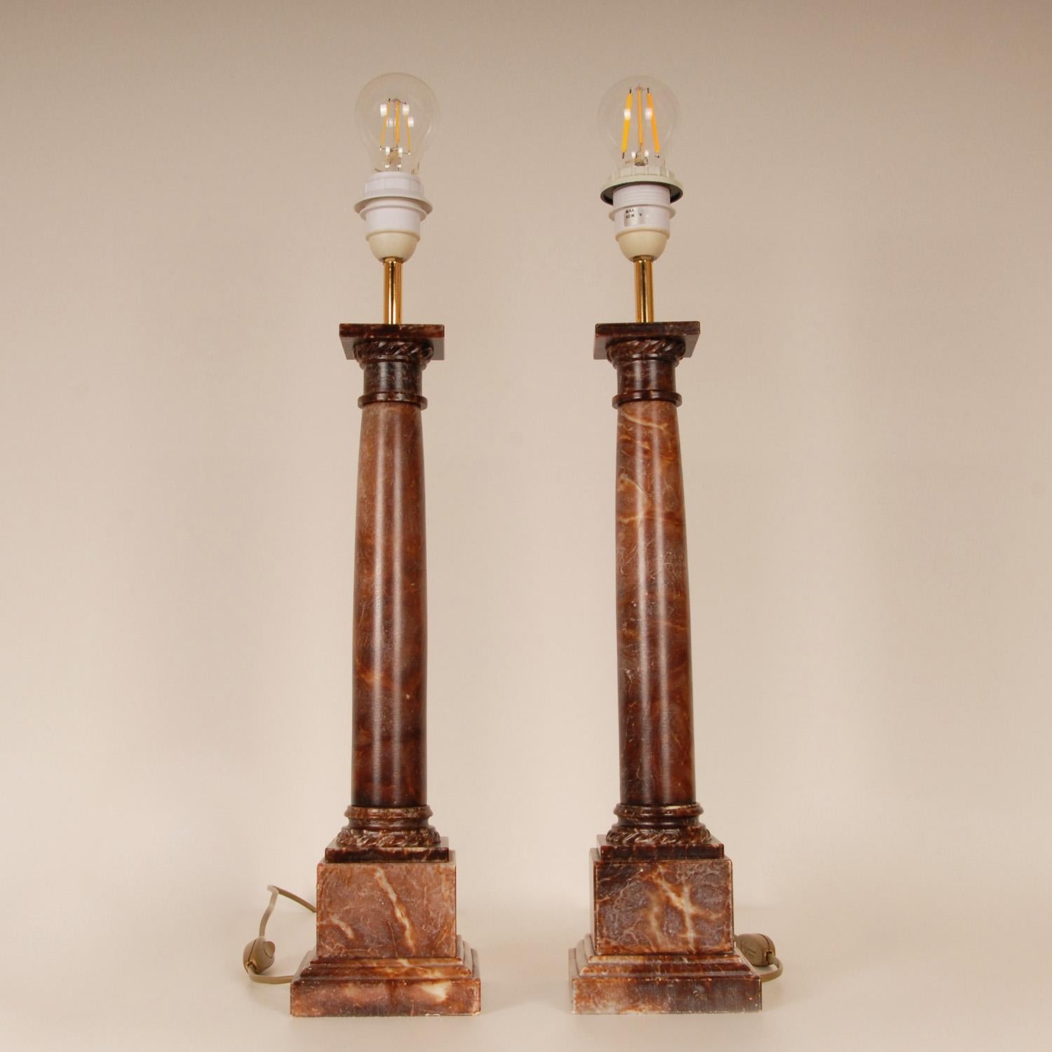 Vintage Traditional Neoclassical Lamps Red Rouge Marble Column Table Lamps pair 4