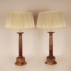 Vintage Traditional Neoclassical Lamps Red Rouge Marble Column Table Lamps pair