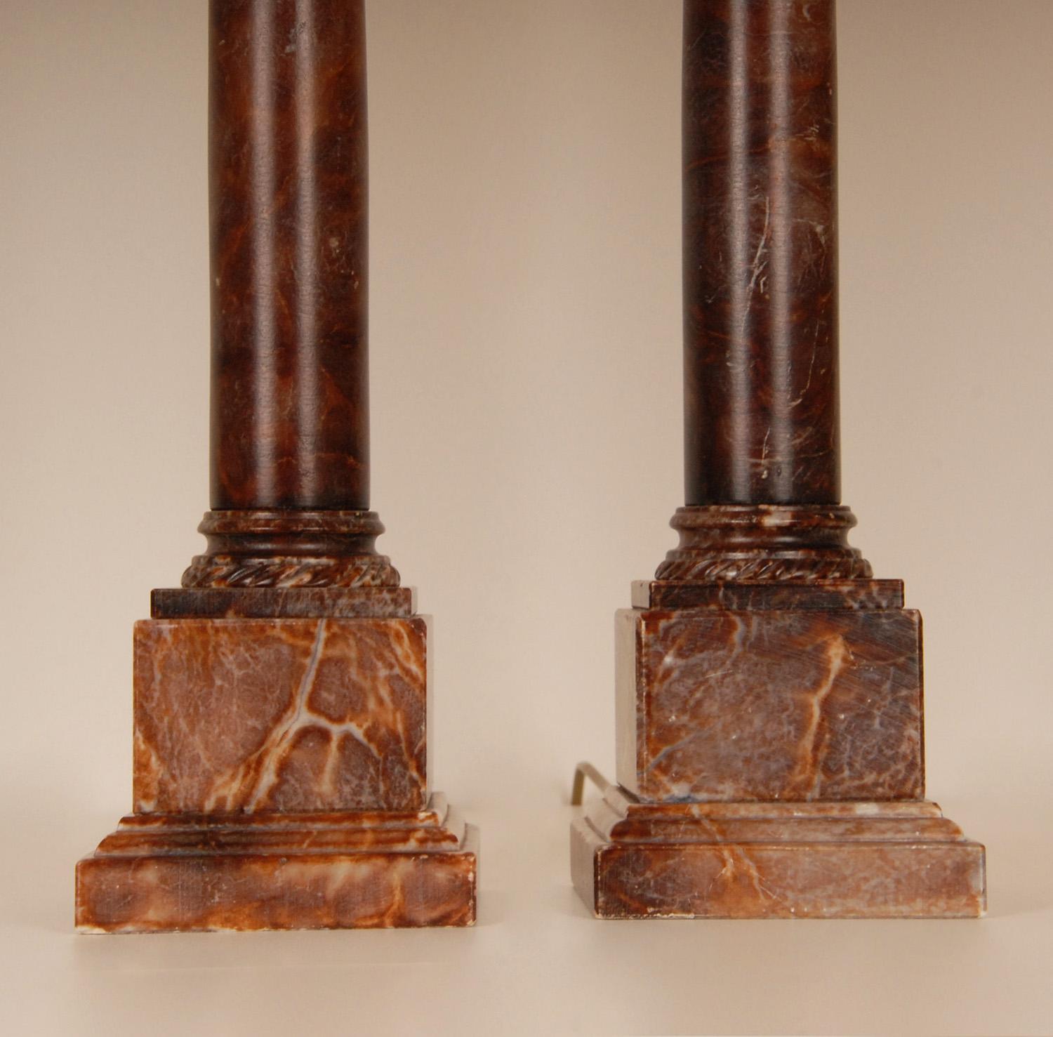 20th Century Vintage Traditional Neoclassical Lamps Red Rouge Marble Column Table Lamps pair