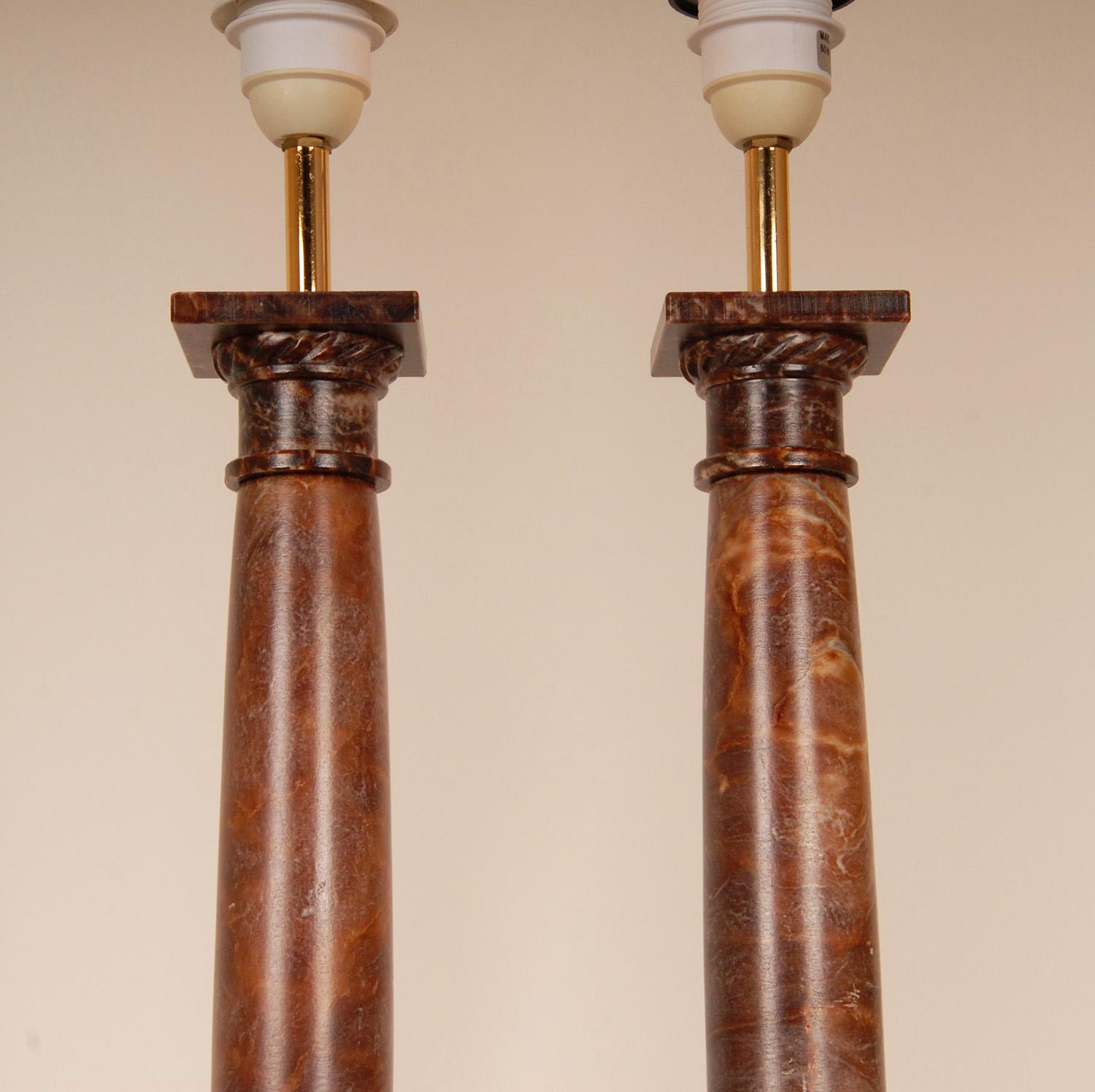 Vintage Traditional Neoclassical Lamps Red Rouge Marble Column Table Lamps pair 1