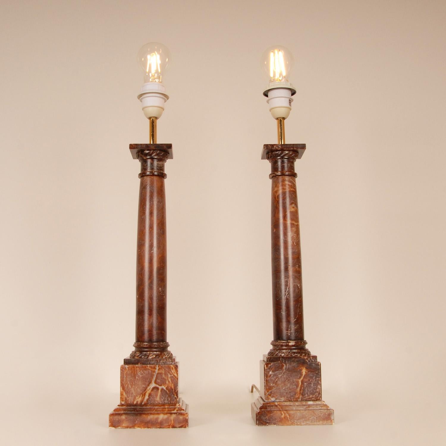 Vintage Traditional Neoclassical Lamps Red Rouge Marble Column Table Lamps pair 2