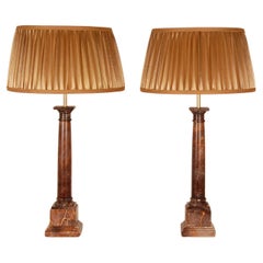 Vintage Traditional Neoclassical Lamps Red Rouge Marble Column Table Lamps pair