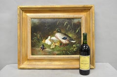 Vintage Traditional Oil on Canvas Wood Frame "Duck Family" Art Signed Borofsky
