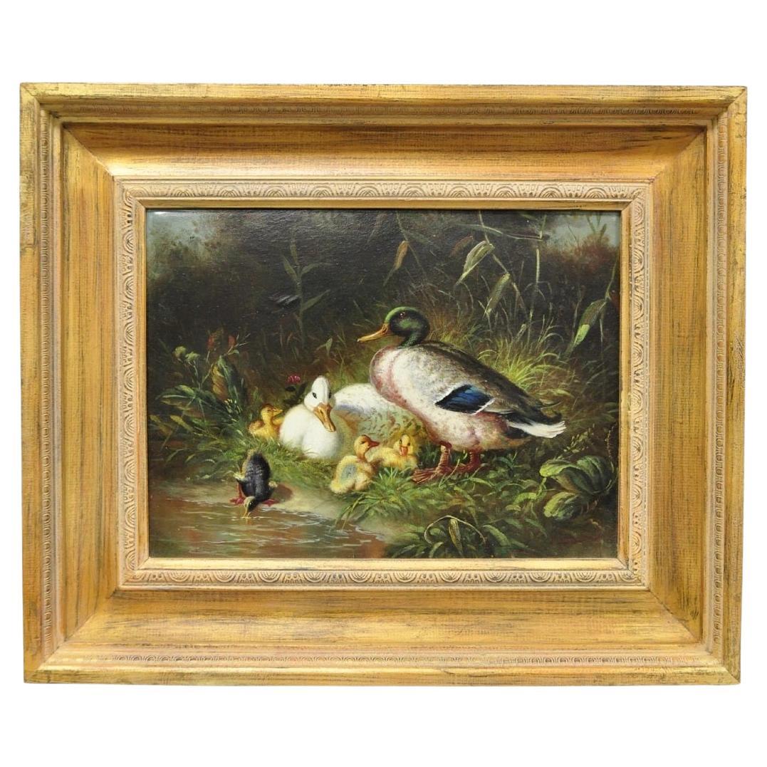 Vintage Traditional Oil on Canvas Wood Frame "Duck Family" Art Signed Borofsky