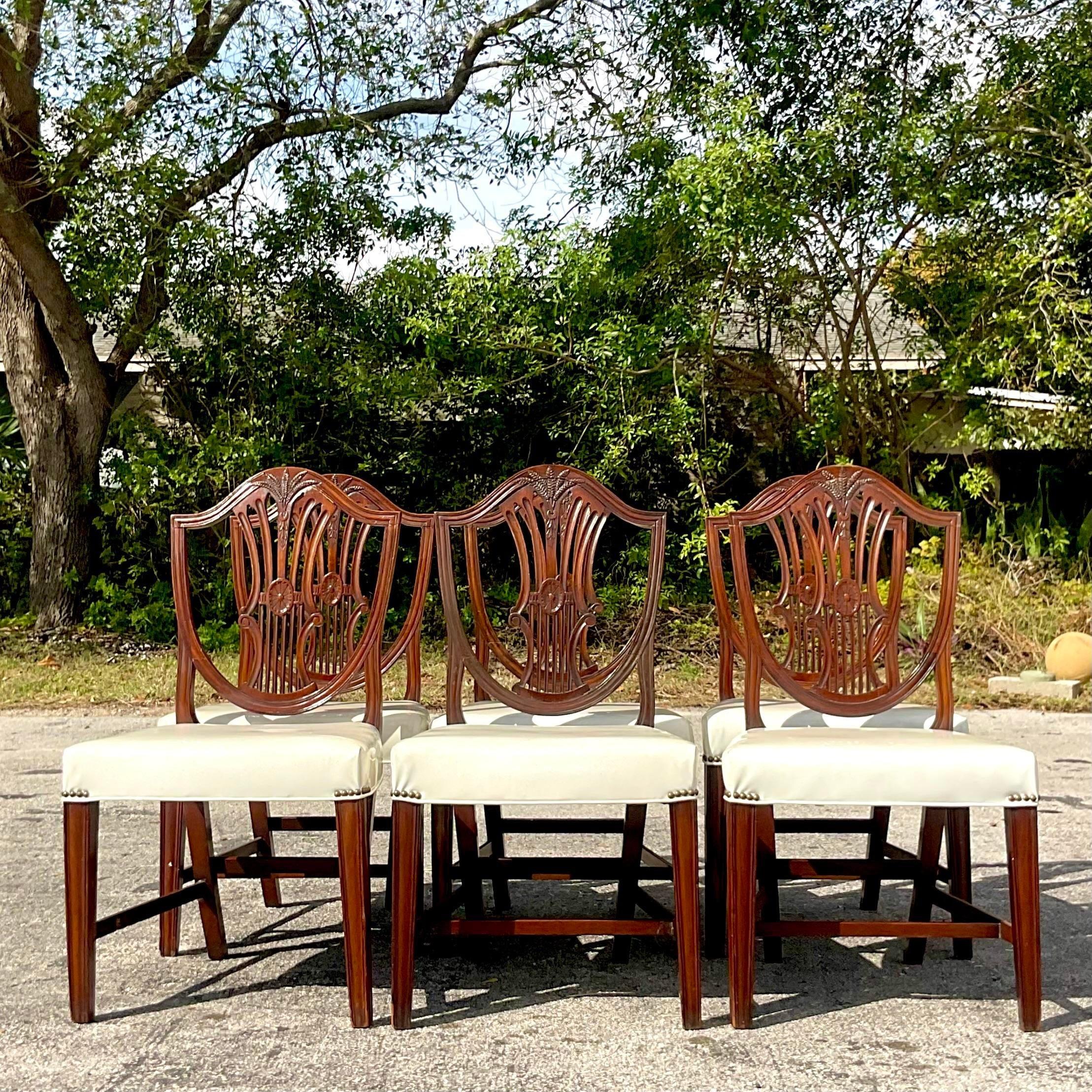 Vintage Traditional Old English Carved Hepplewhite Sheild Dining Chairs-Set of 6 For Sale 6