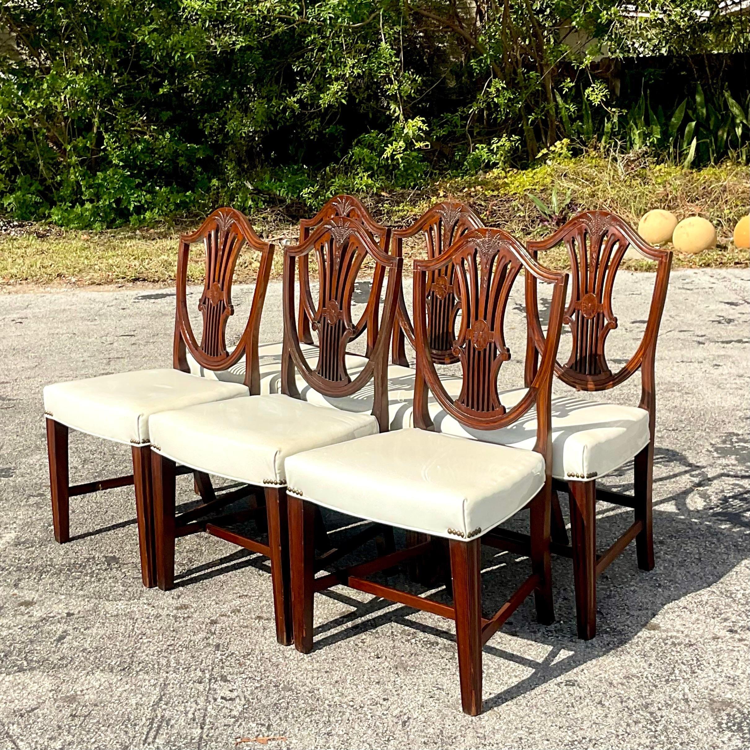 20th Century Vintage Traditional Old English Carved Hepplewhite Sheild Dining Chairs-Set of 6 For Sale
