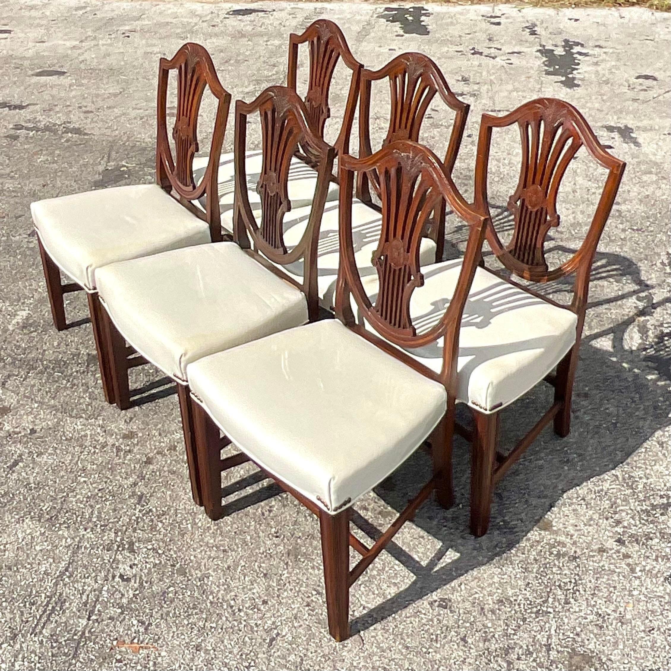 Vintage Traditional Old English Carved Hepplewhite Sheild Dining Chairs-Set of 6 For Sale 1