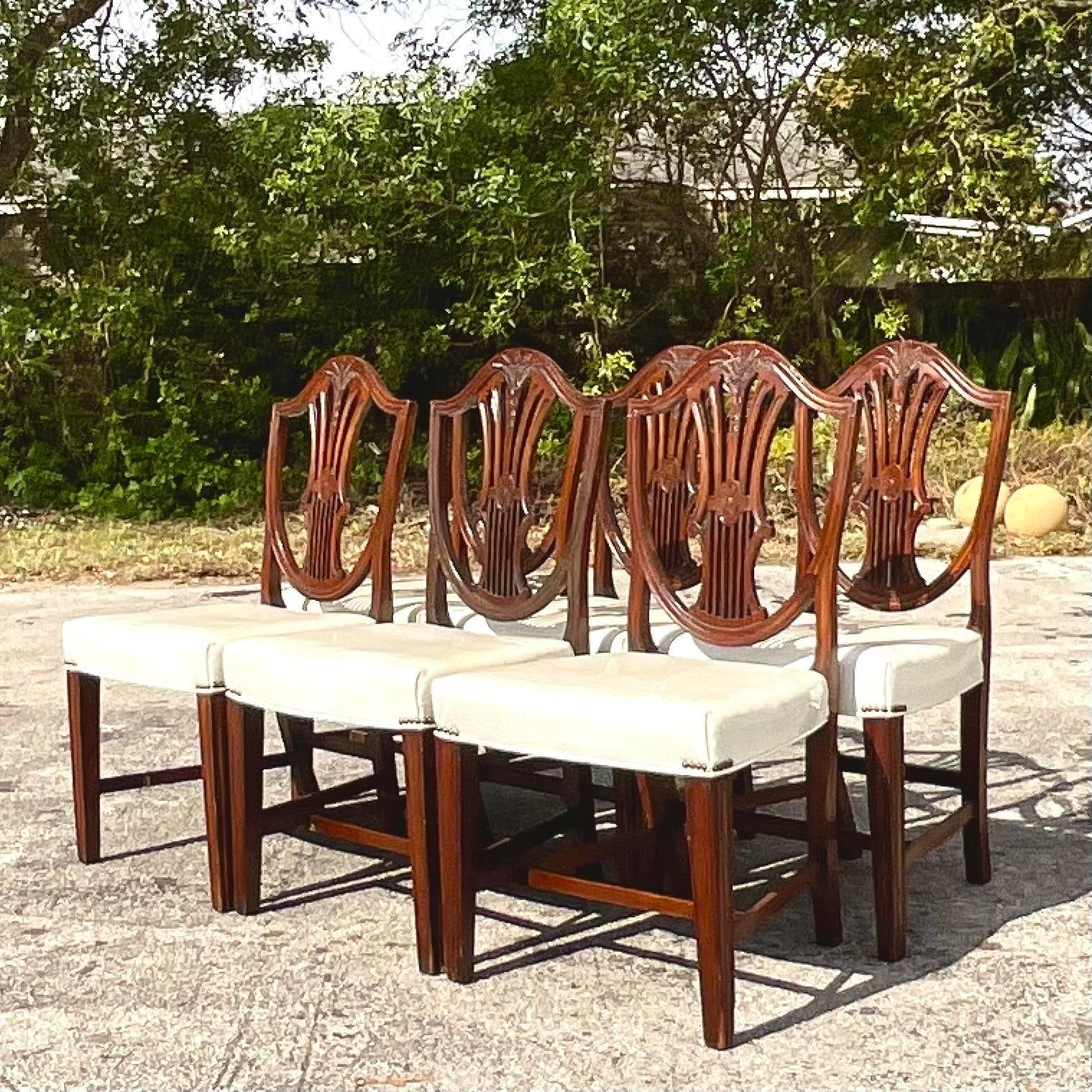 Vintage Traditional Old English Carved Hepplewhite Sheild Dining Chairs-Set of 6 For Sale 2
