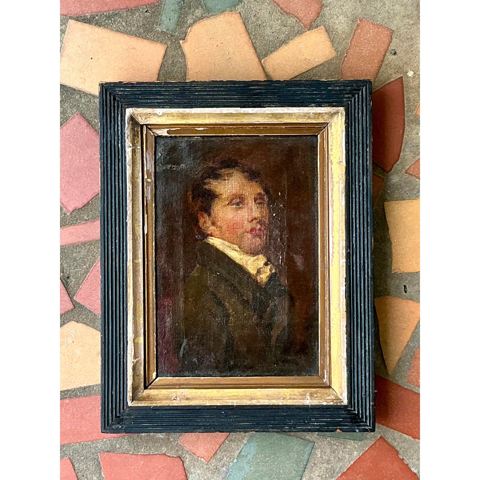 Step back in time with this compelling Vintage Traditional Original 19th Century Oil Portrait On Canvas, a captivating glimpse into history and a testament to enduring artistry. This authentic antique painting features a distinguished subject,