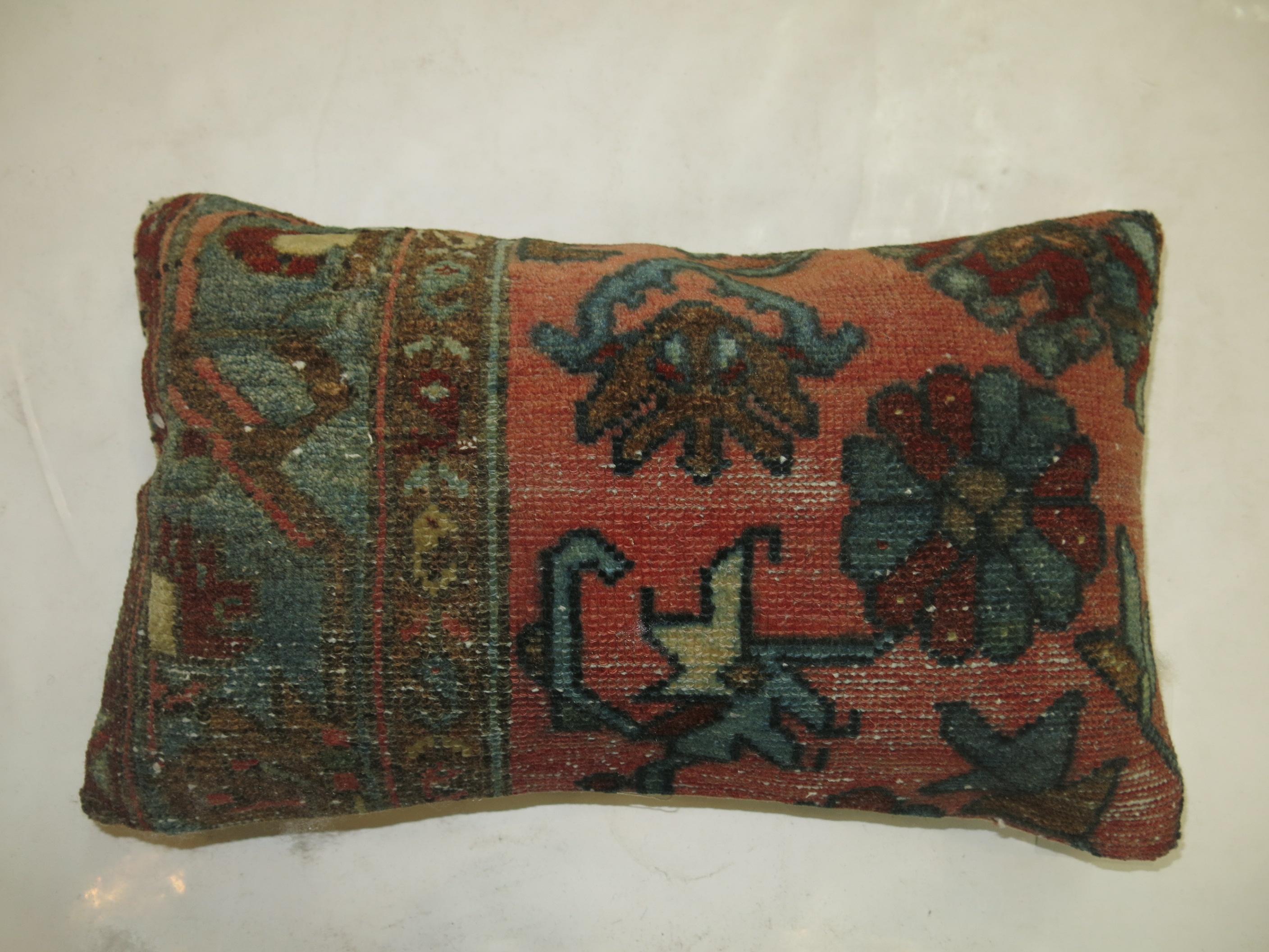 Tabriz Vintage Traditional Persian Lumbar Blue Salmon Red Pillow