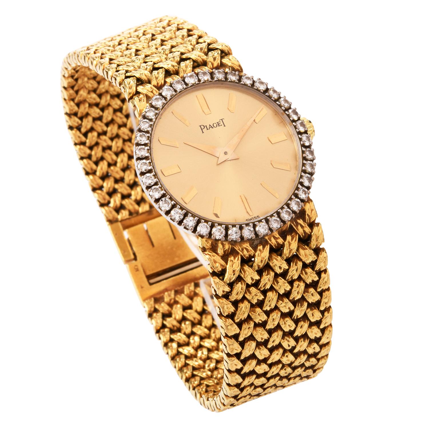 Women's or Men's Vintage Traditional Piaget Diamond Bezel Nugget Mesh 18 Karat Ladies Watch