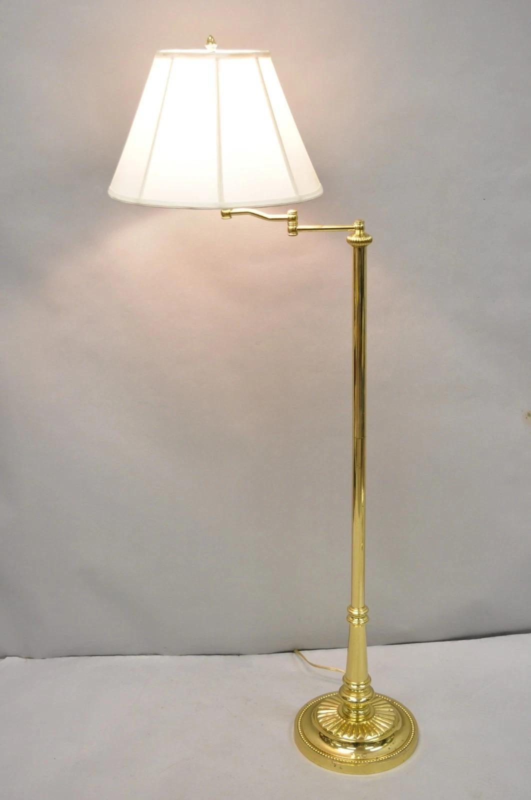 Vintage Traditional Polished Brass Swing Arm Reading Pole Floor Lamp with Shade. Circa Late 20th Century. Measurements: 60
