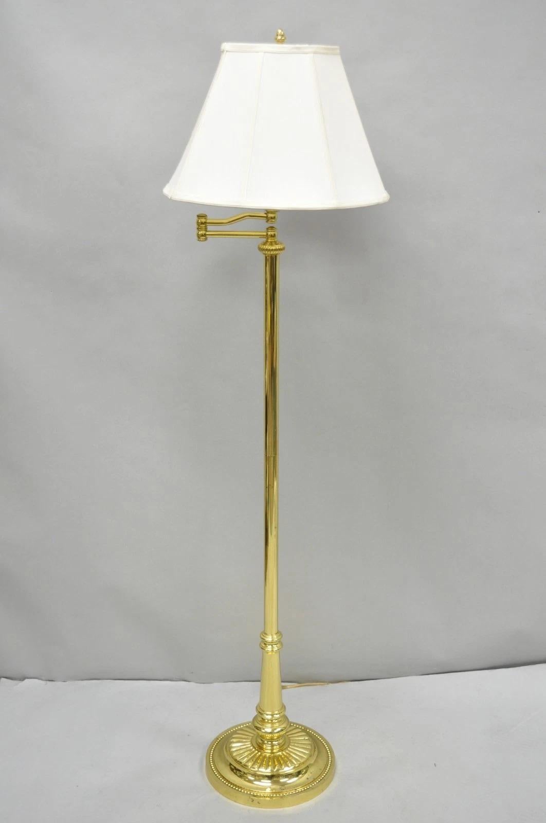 Other Vintage Traditional Polished Brass Swing Arm Reading Pole Floor Lamp w/ Shade For Sale