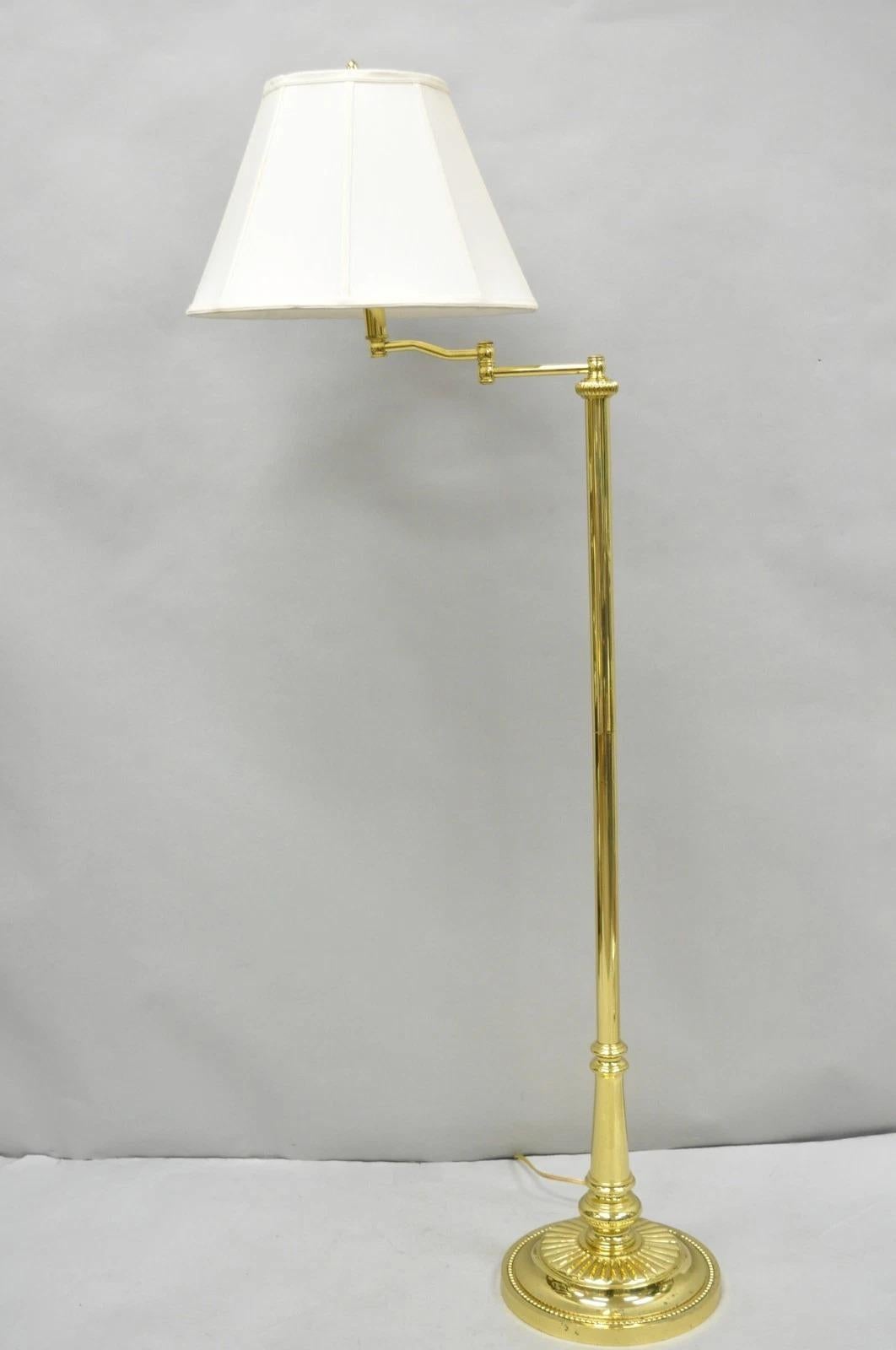 Vintage Traditional Polished Brass Swing Arm Reading Pole Floor Lamp w/ Shade In Good Condition For Sale In Philadelphia, PA