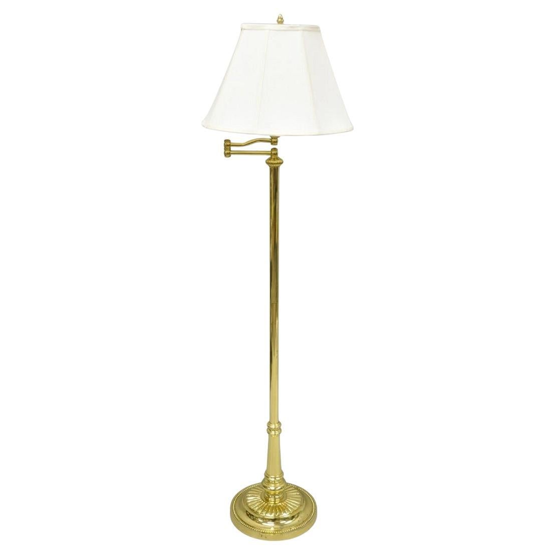 Vintage Traditional Polished Brass Swing Arm Reading Pole Floor Lamp w/ Shade