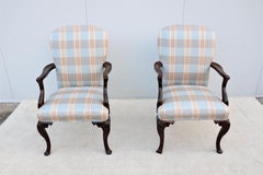 Vintage Traditional Queen Anne Style Walnut Armchairs Upholstered Back, a Pair