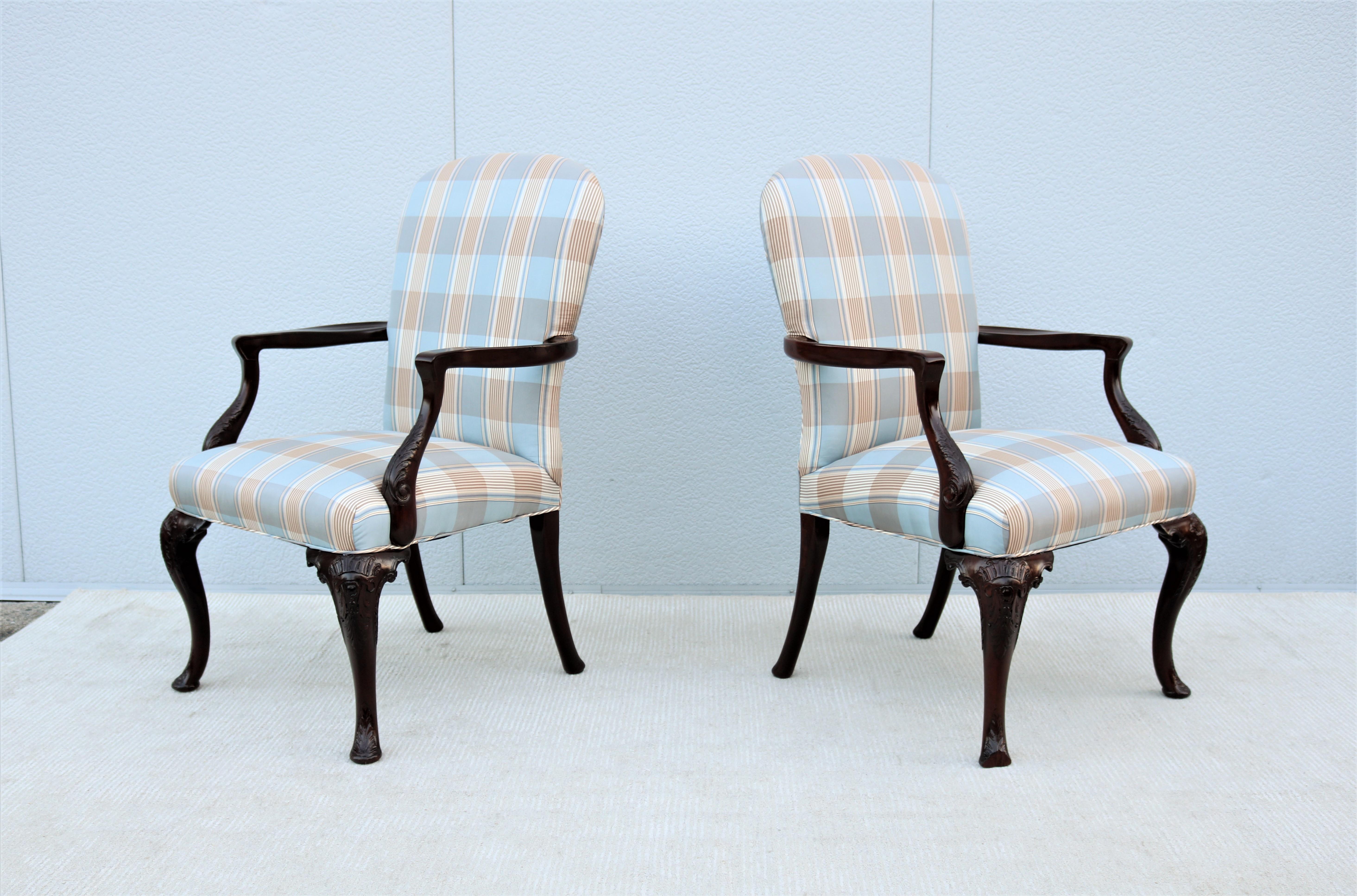 Fabric Vintage Traditional Queen Anne Style Walnut Armchairs Upholstered Back, a Pair For Sale