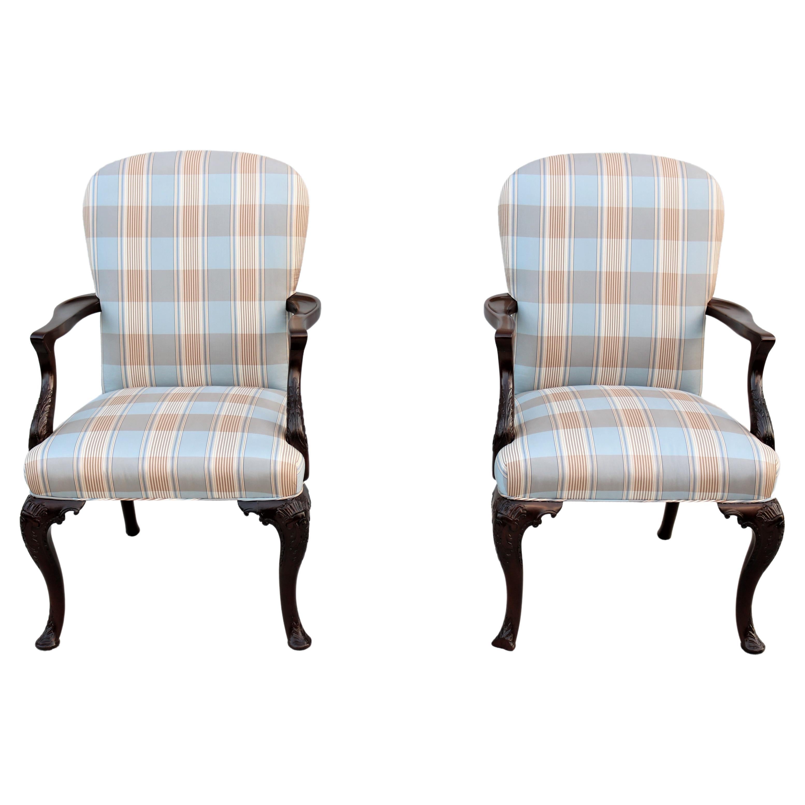 Vintage Traditional Queen Anne Style Walnut Armchairs Upholstered Back, a Pair For Sale