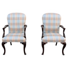 Vintage Traditional Queen Anne Style Walnut Armchairs Upholstered Back, a Pair