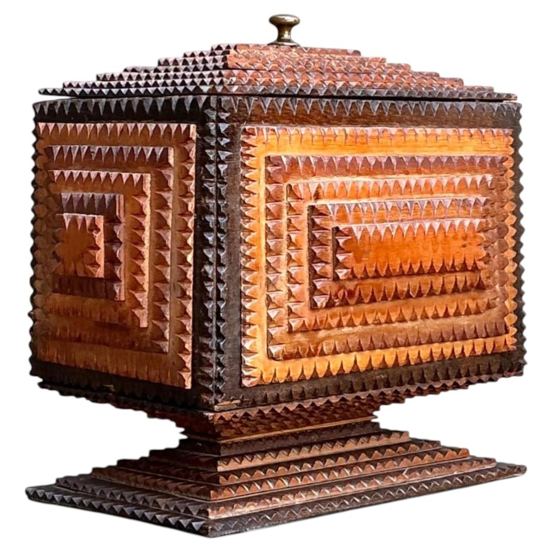 Vintage Tramp Art Wood Box On Pedestal