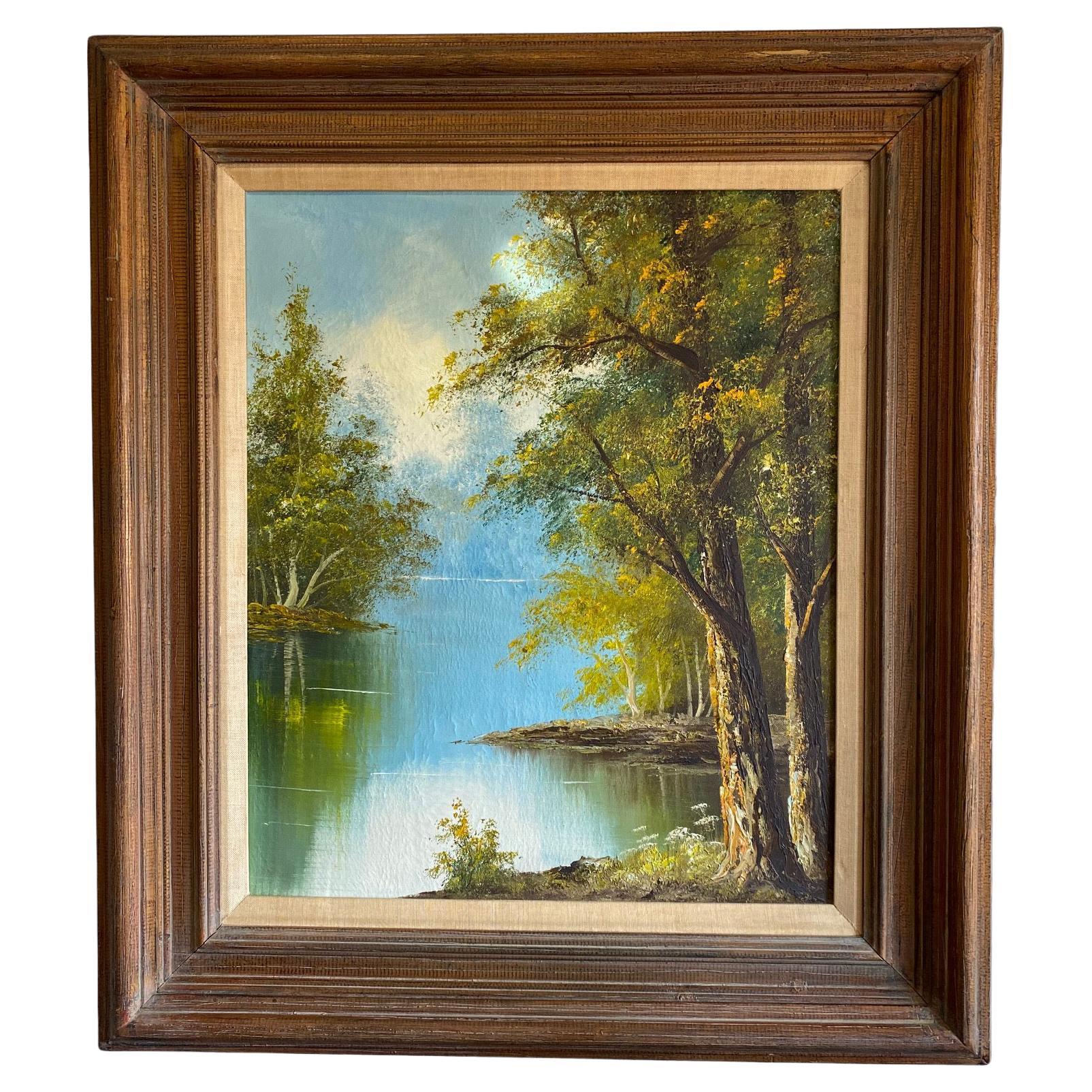 Water Scenery Nature Art Trees Vintage Landscape Oil Painting Original Oil Painting Nature Painting Gold Gilt Frame