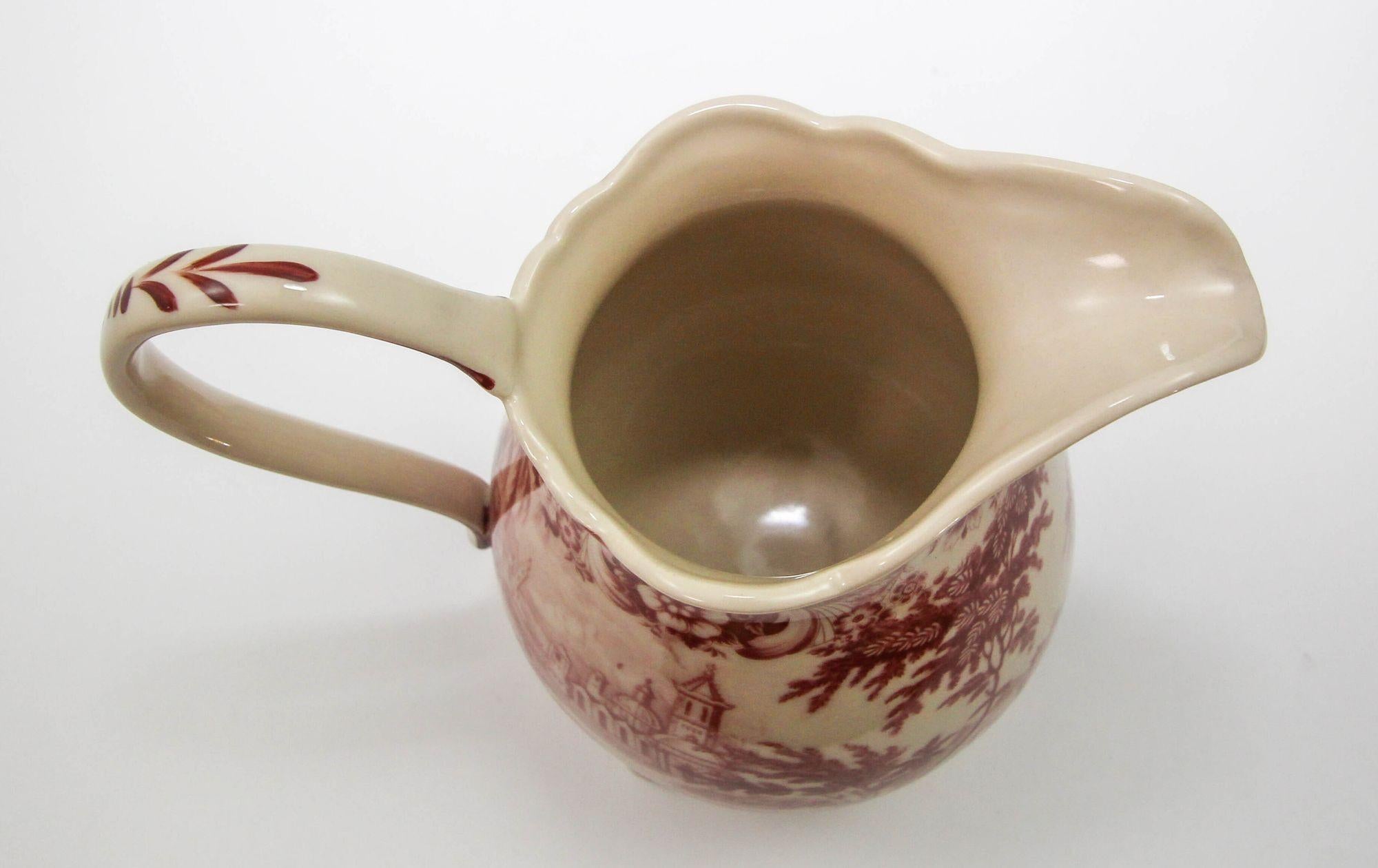 Vintage Transferware Cranberry and White Ceramic Footed Pitcher For Sale 4