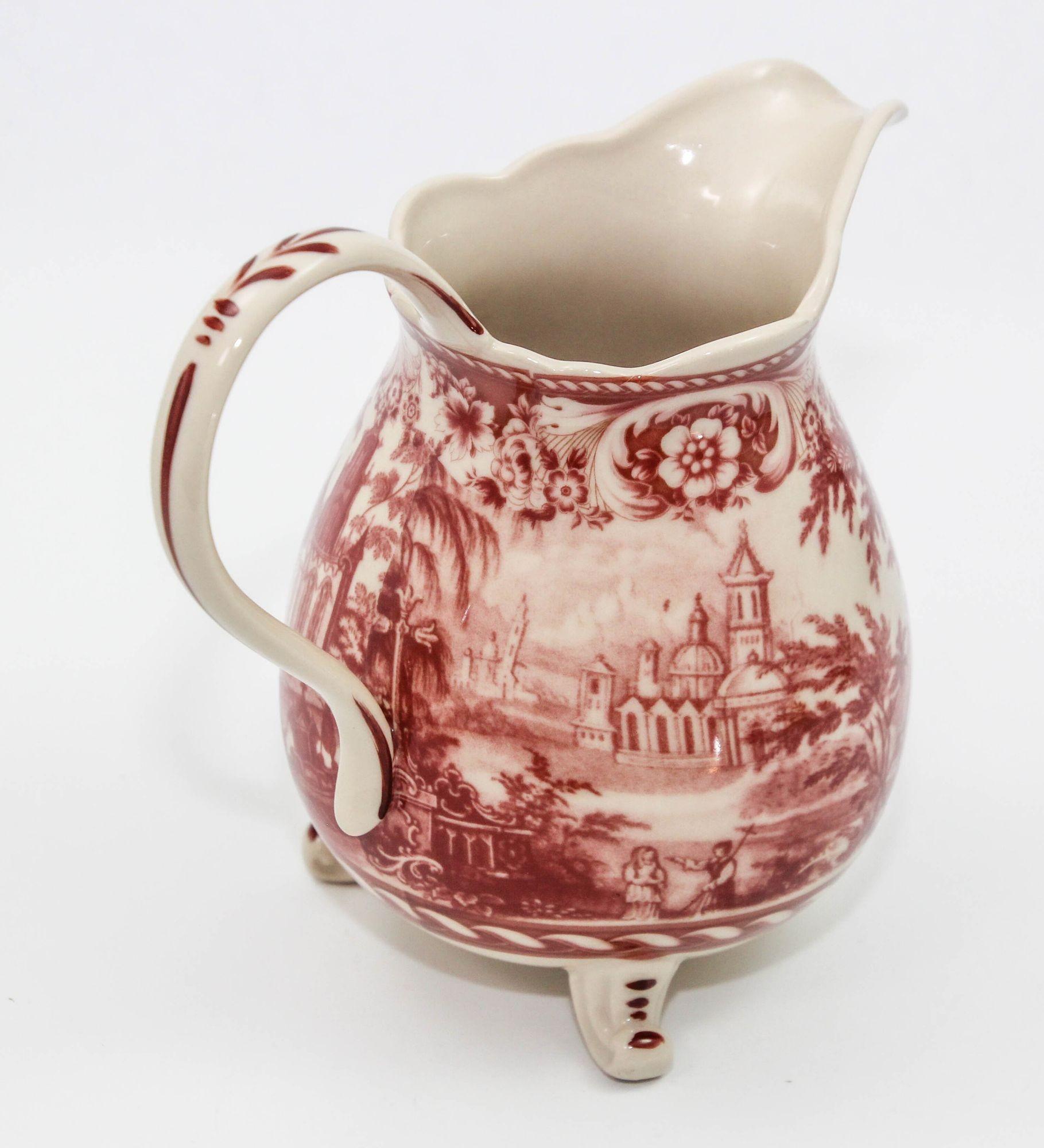 Vintage Transferware Cranberry and White Ceramic Footed Pitcher For Sale 5